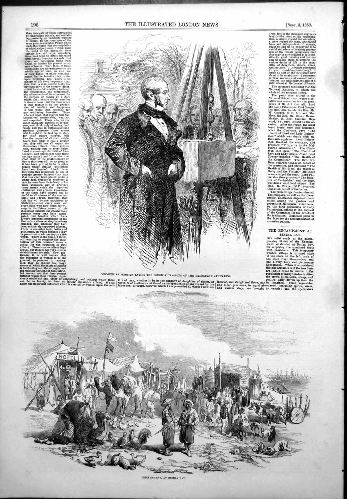 Antique Old Print Palmerston Stone Melbourne Athenaeum Camp Besika Bay 1853