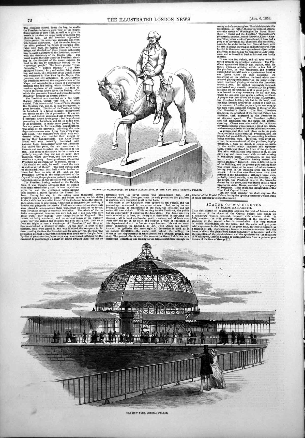 Antique Print Statue Washington Baron Marochetti N York Crystal Palace 1853
