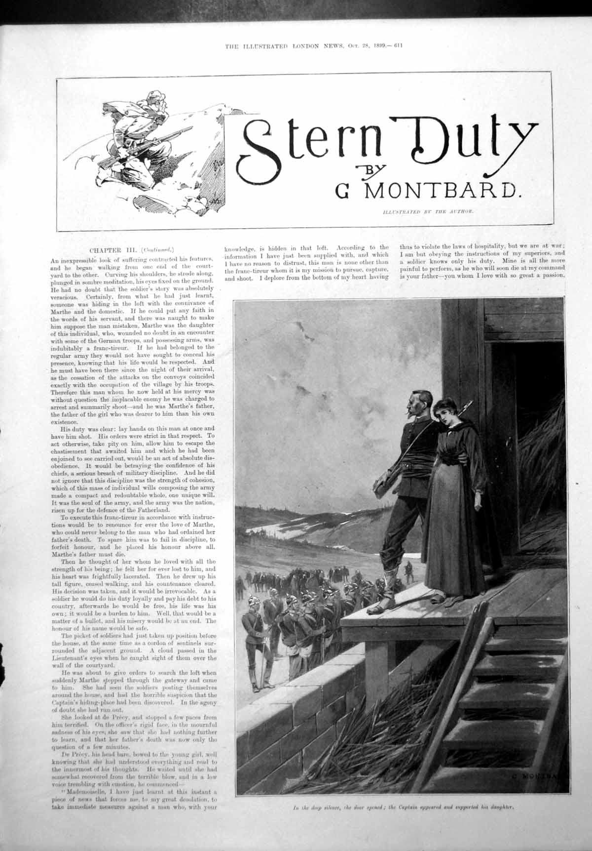 Antique Old Print Stern Duty G Montbard Captain Supporting Daughter Army 1899