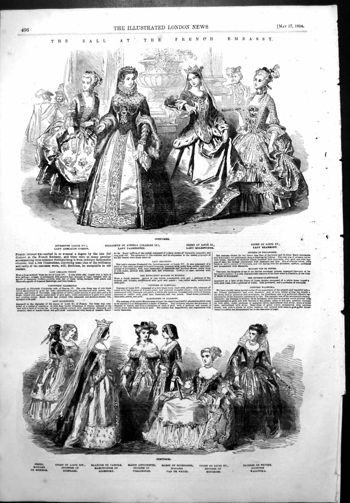 Antique Old Print European Quails Ball French Embassy Costumes Bonnets 1854