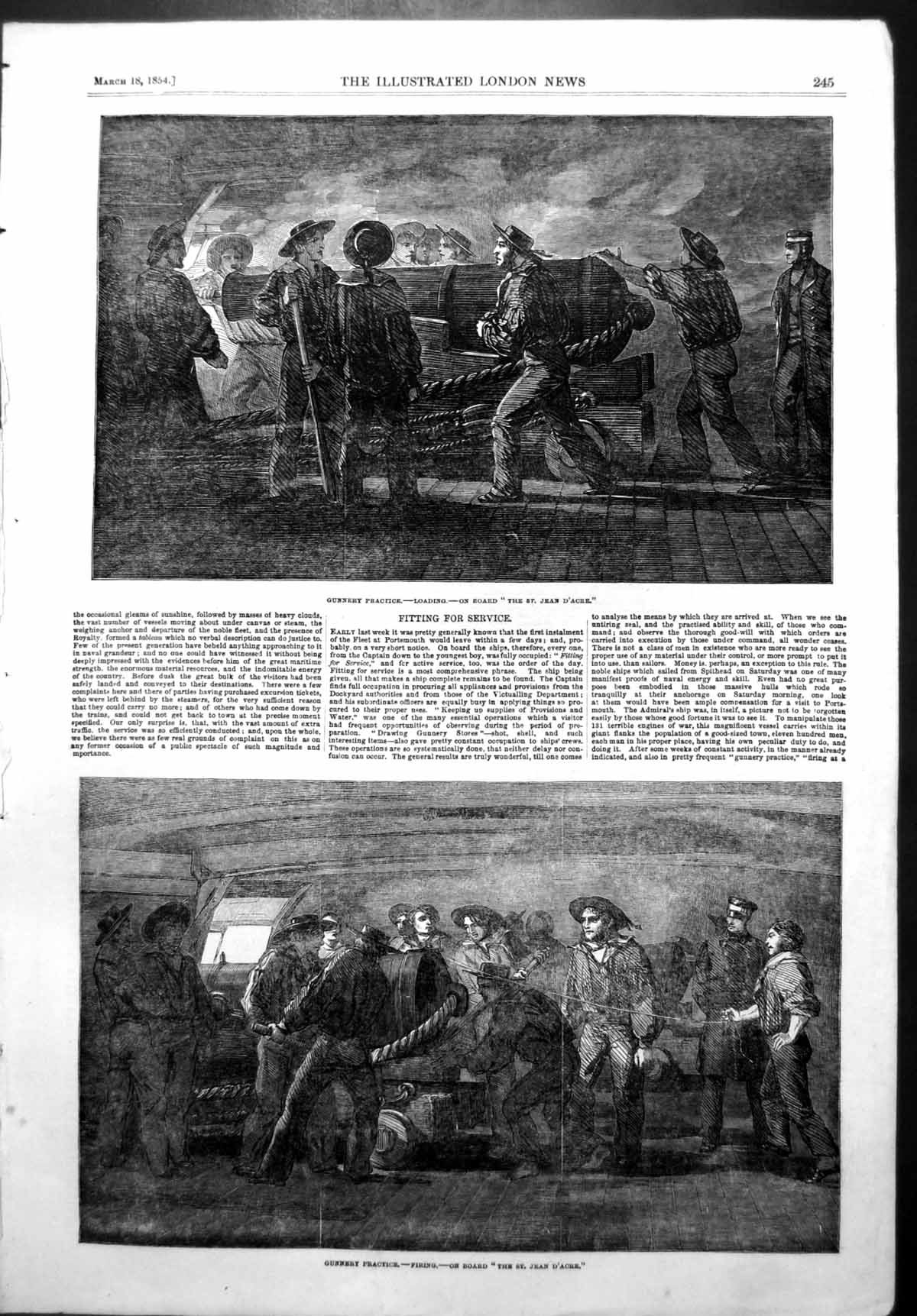Antique Print Steam Ship Hecla Gunnery Practice St Jean D'Acre Loading 1854