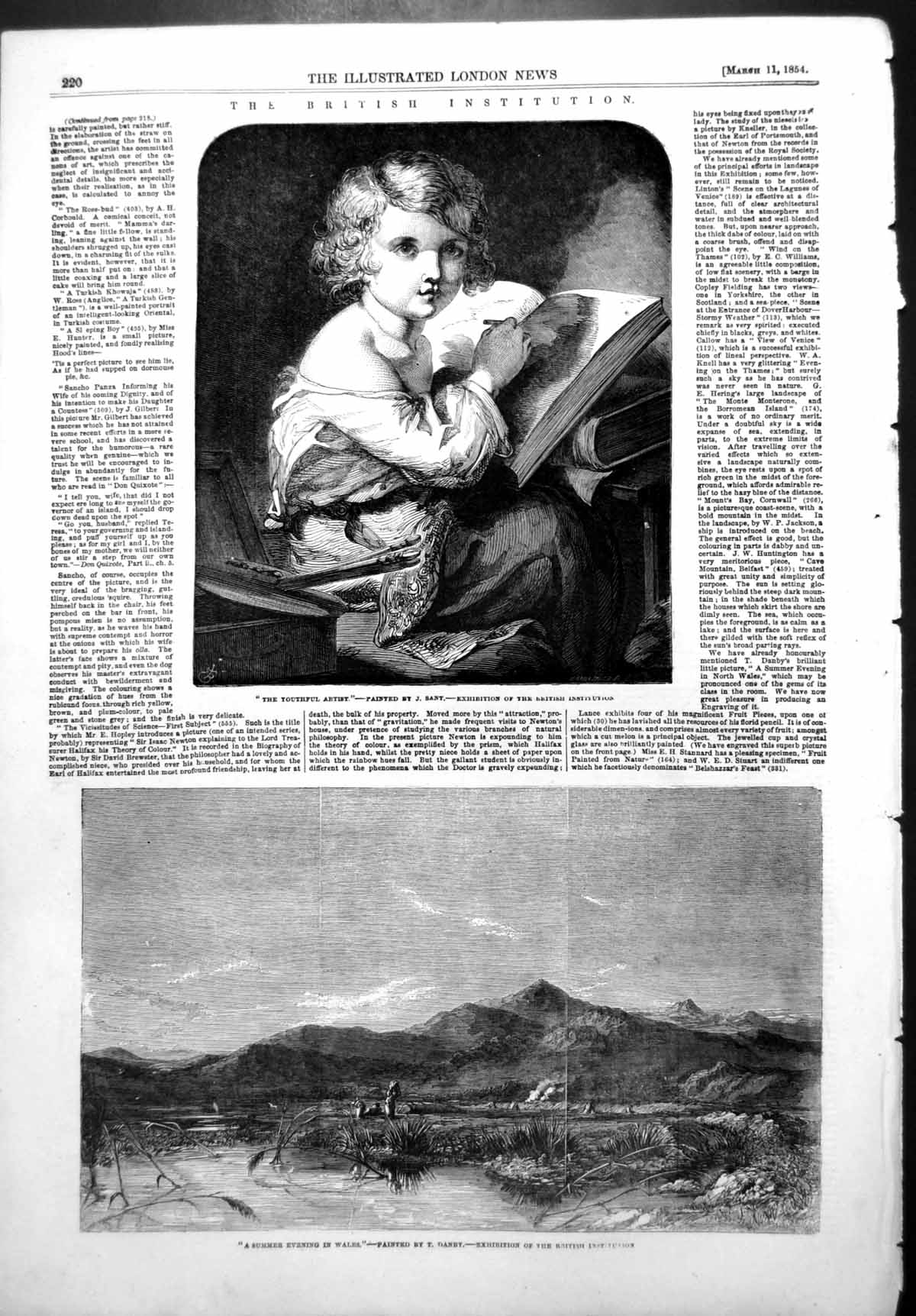 Antique Old Print Youthful Artist J Sant Summer Evening Wales T Danby 1854 19th