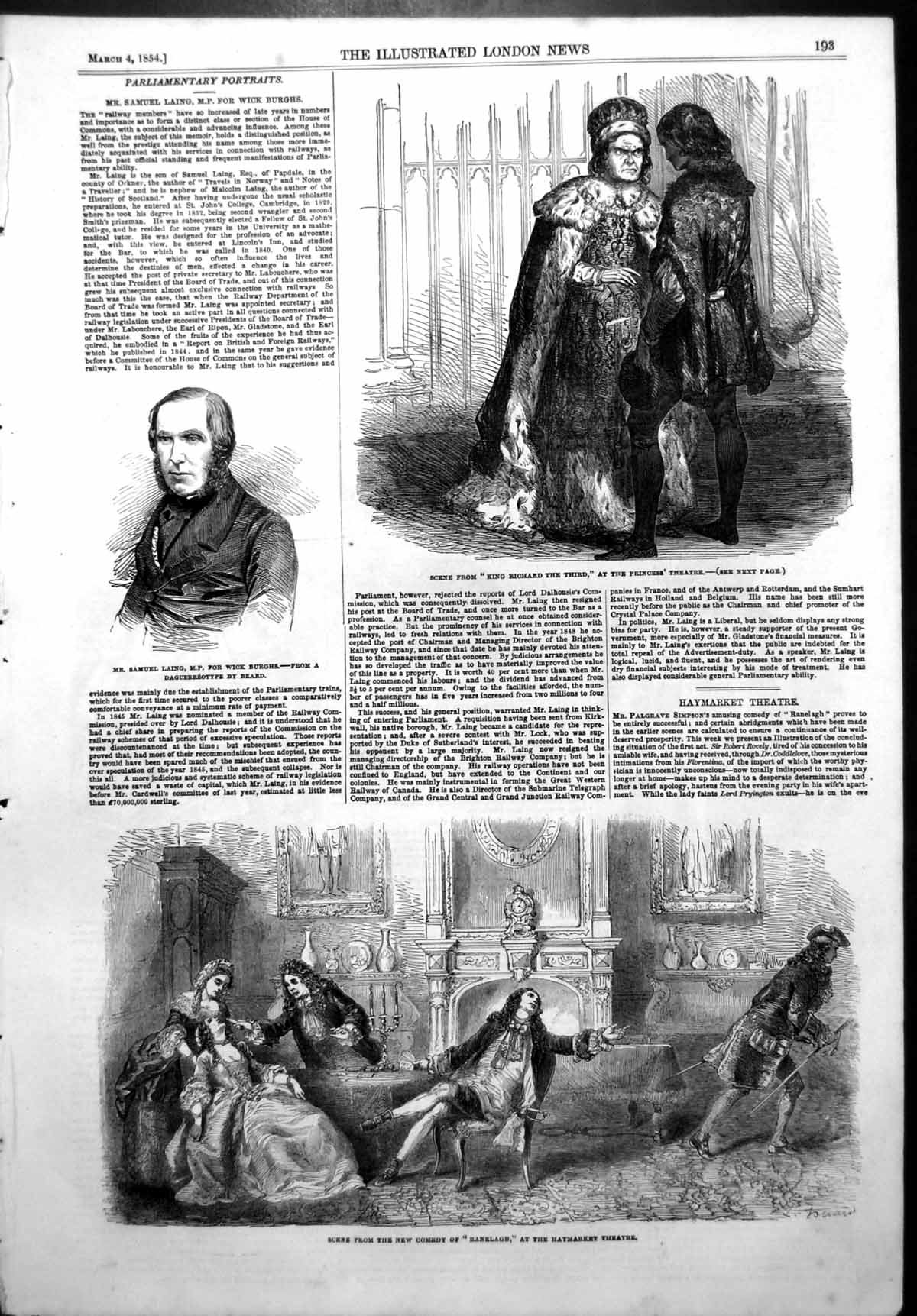 Antique Old Print Samuel Laing Mp Wick Burghs Ranelagh King Richard 111 1854