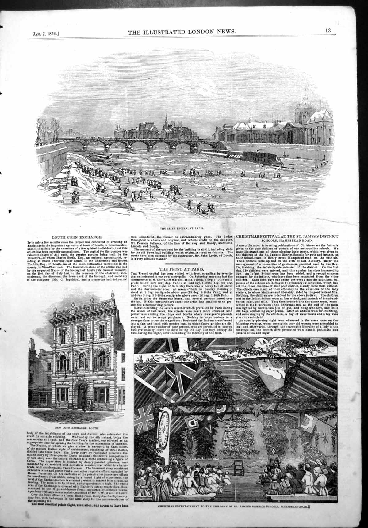Antique Old Print Plate Keast Frozen Seine Paris New Corn Exchange Louth 1854