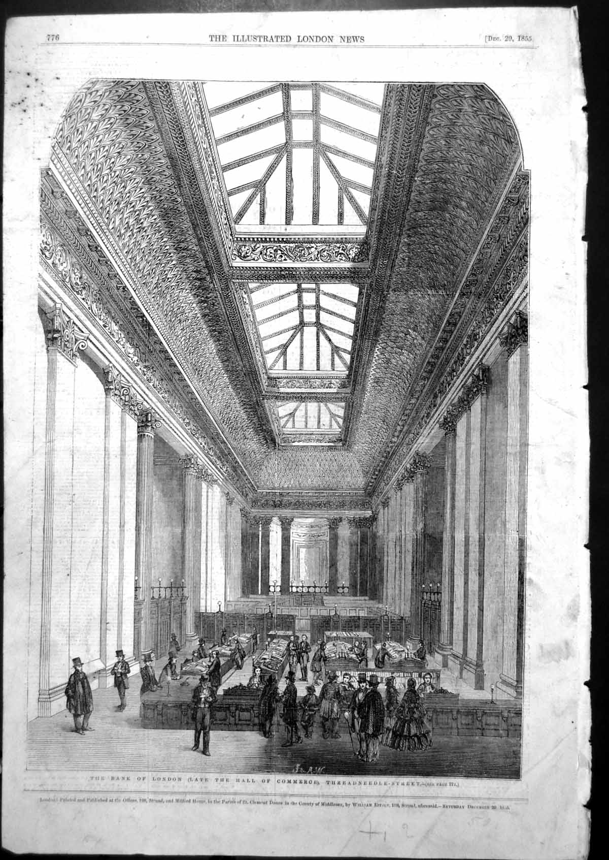 Old Antique Print Bank London Late Hall Commerce Threadneedle Street 1855 19th