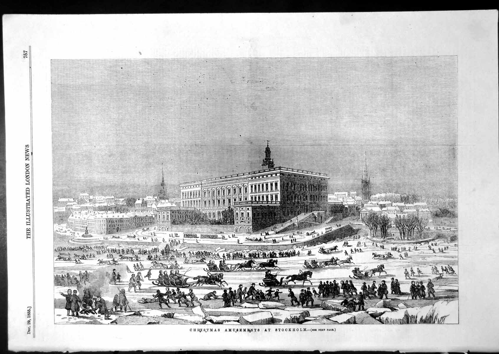 Antique Old Print Christmas Amusements Stockholm Royal Palace Sleighs 1855 19th