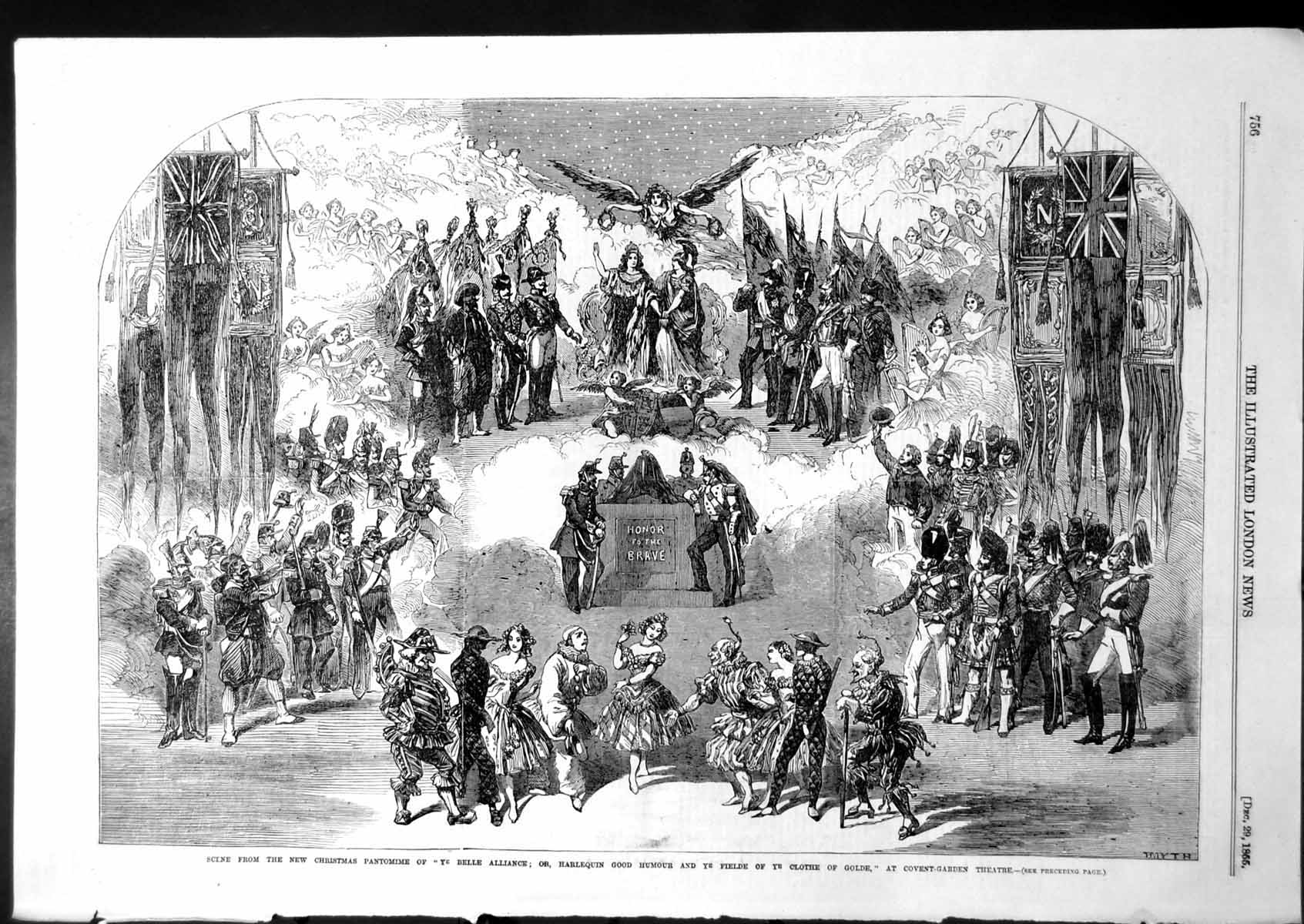 Old Antique Print Pantomine Ye Belle Alliance Harlequin Good Humour 1855 19th
