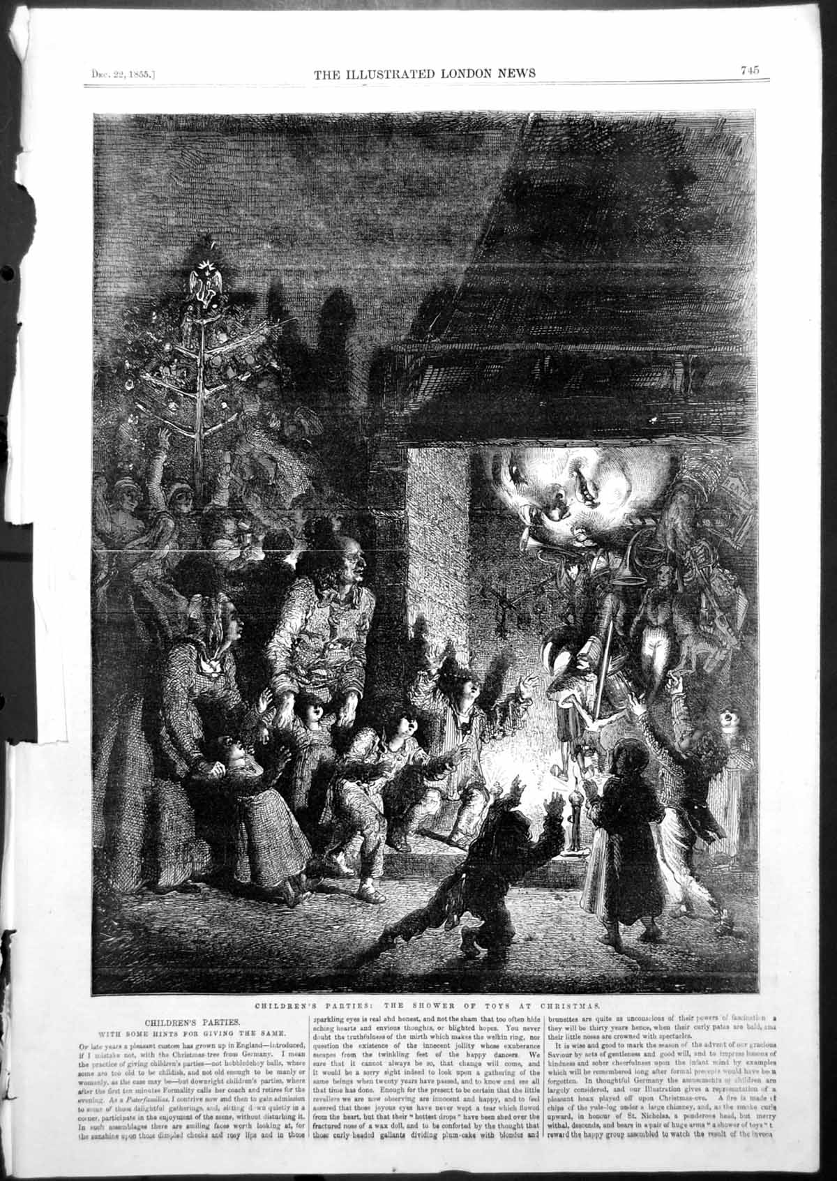 Original Old Antique Print Childrens Parties Shower Toys Christmas 1855 19th