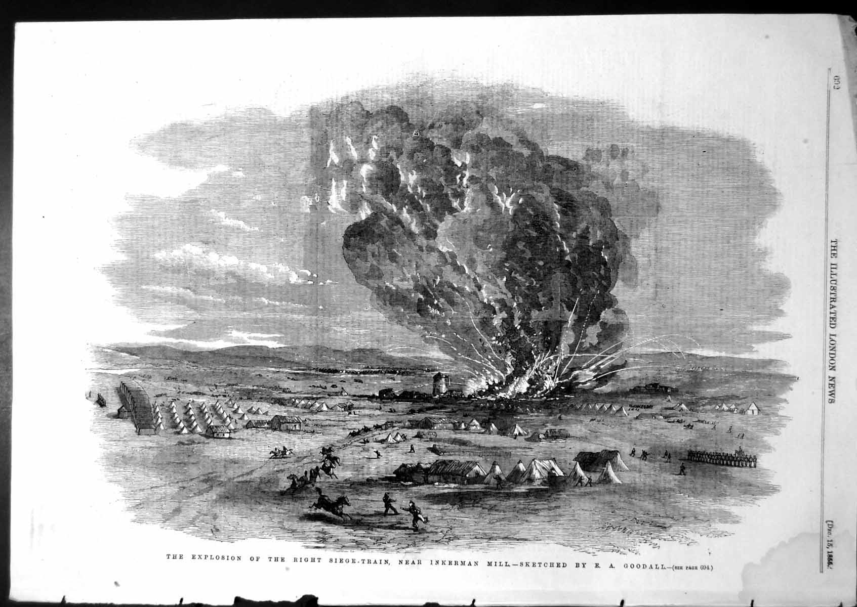 Antique Old Print Explosion Right Siege Train Inkerman Mill Ea Goodall 1855