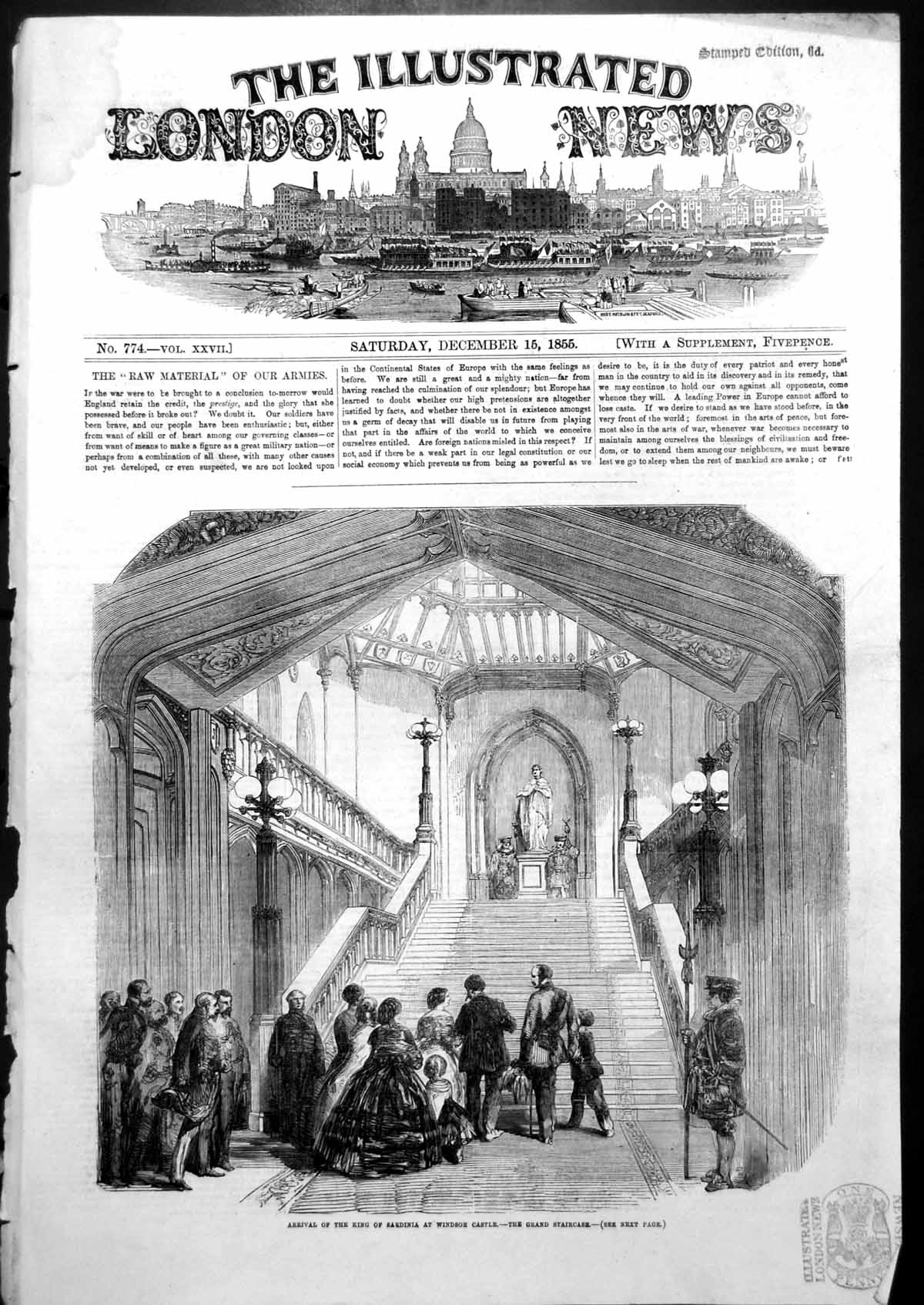 Old Print Arrival King Sardinia Windsor Castle Grand Staircase 1855 Ref.2 19th