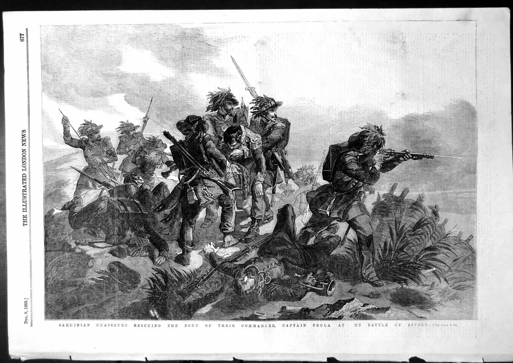 Antique Old Print Sardinian Chasseurs Commander Capt Prola Battle Rivoli 1855