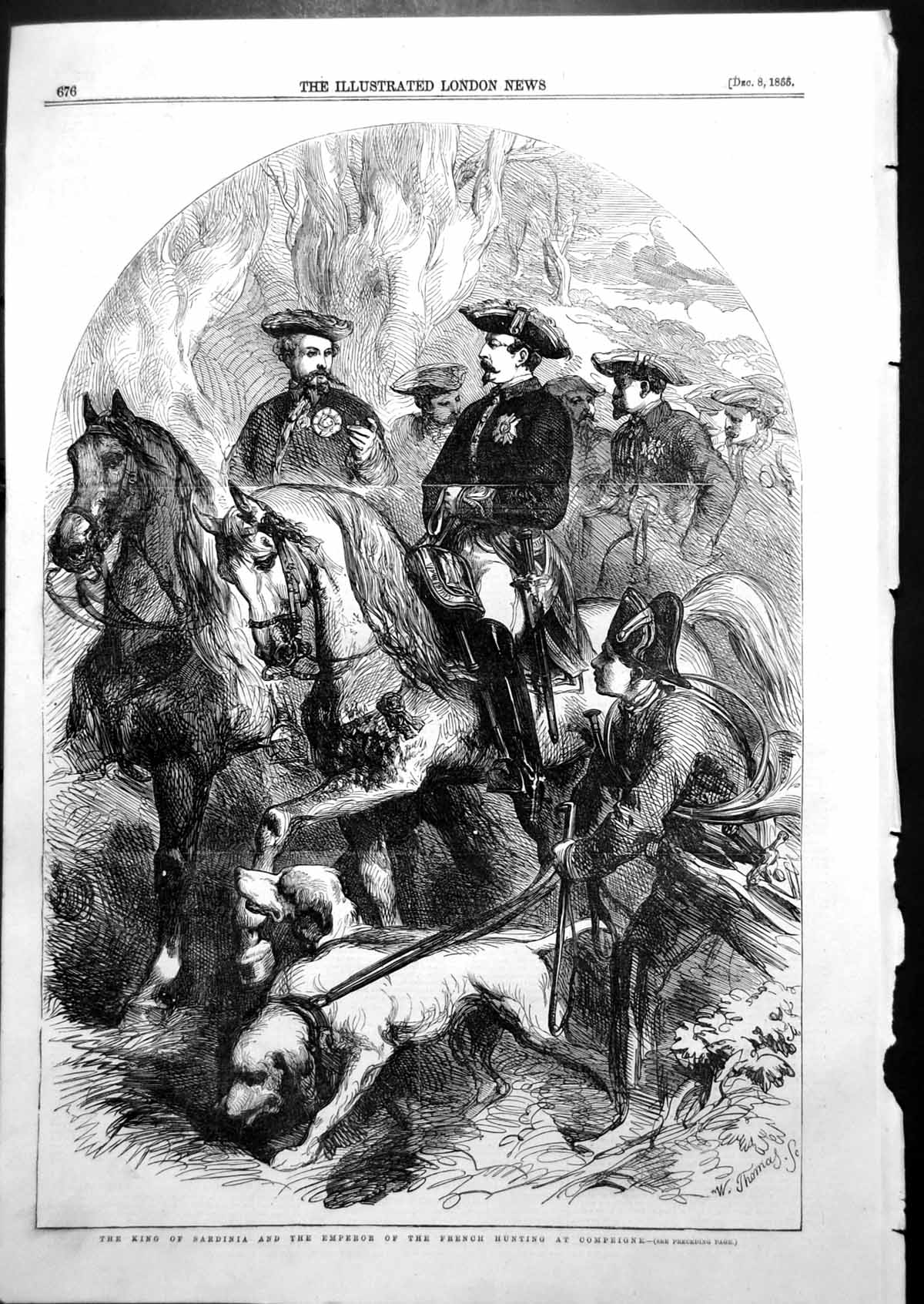 Original Old Antique Print King Sardinia Emperor French Hunting Compeigne 1855