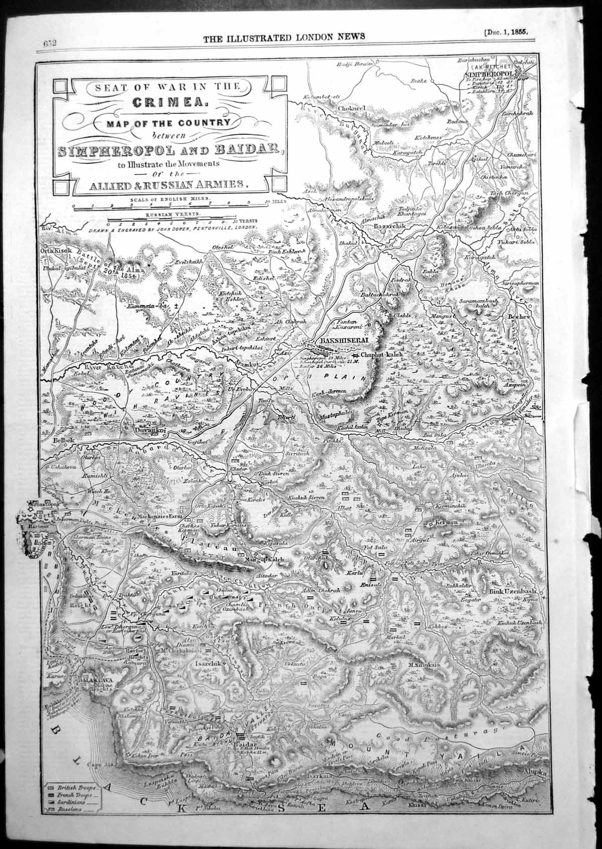 Antique Print Map War Crimea Country Between Simpheropol Baidar Armies1855 19th