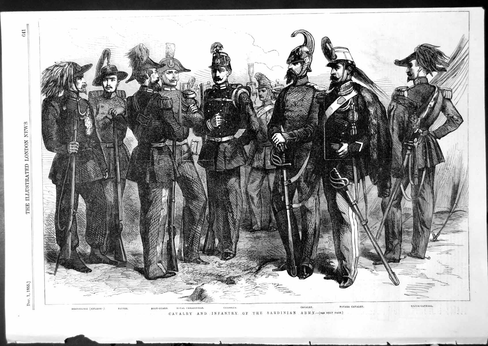 Old Print Cavalry Infantry Sardinian Army Sapper Chasseur Body Guard1855 19th