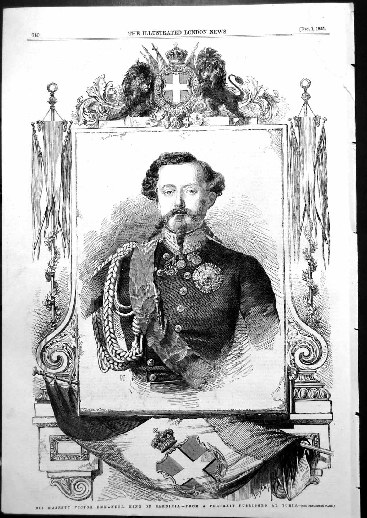 Antique Print His Majesty Victor Emmanuel King Sardinia Portrait Turin 1855