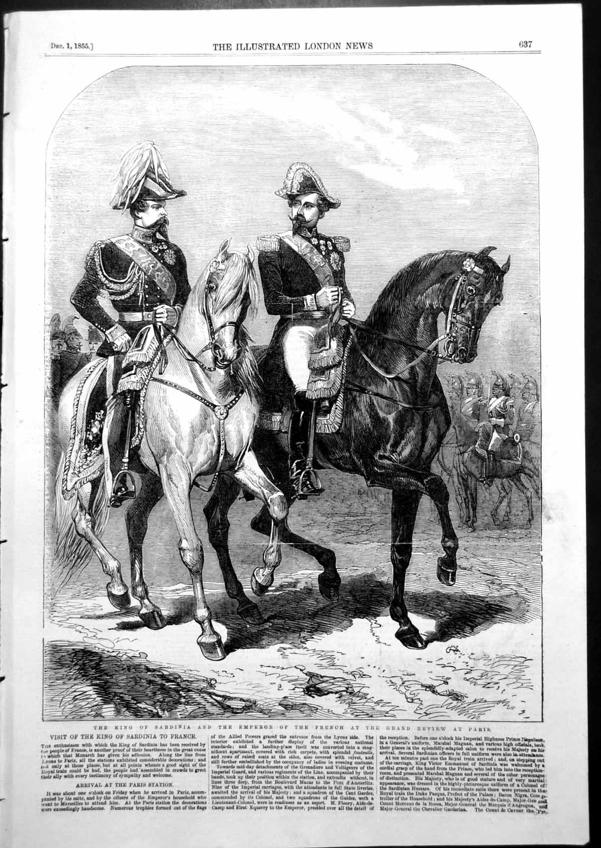 Original Old Antique Print King Sardinia Emperor French Grand Review Paris 1855