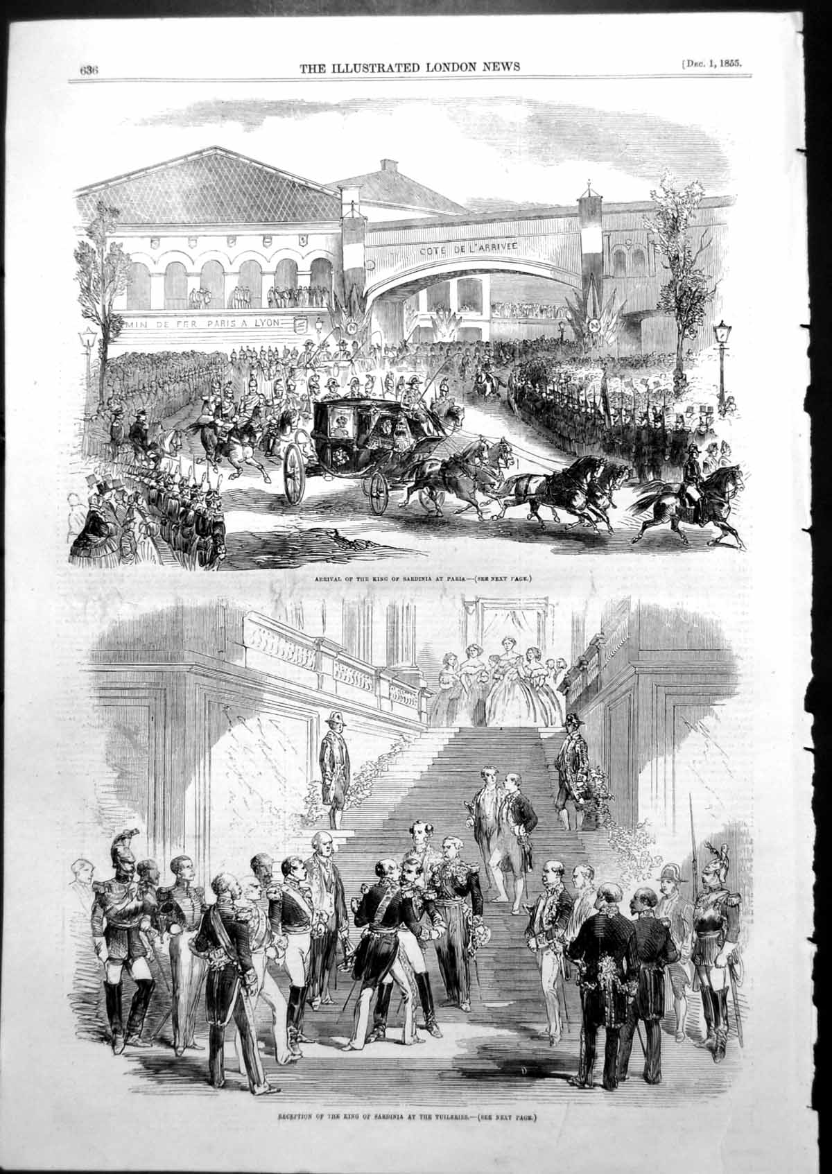 Antique Old Print Arrival King Sardinia Paris Reception King Tuileries 1855