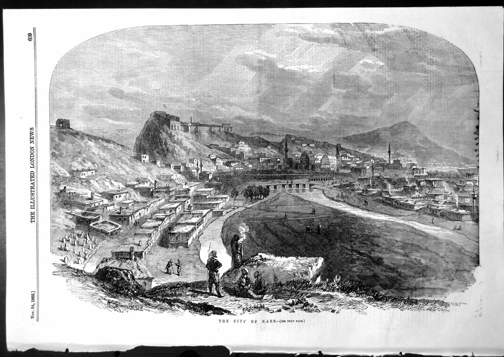 Original Old Antique Print City Kars Fortifications River Bridge 1855 Victorian