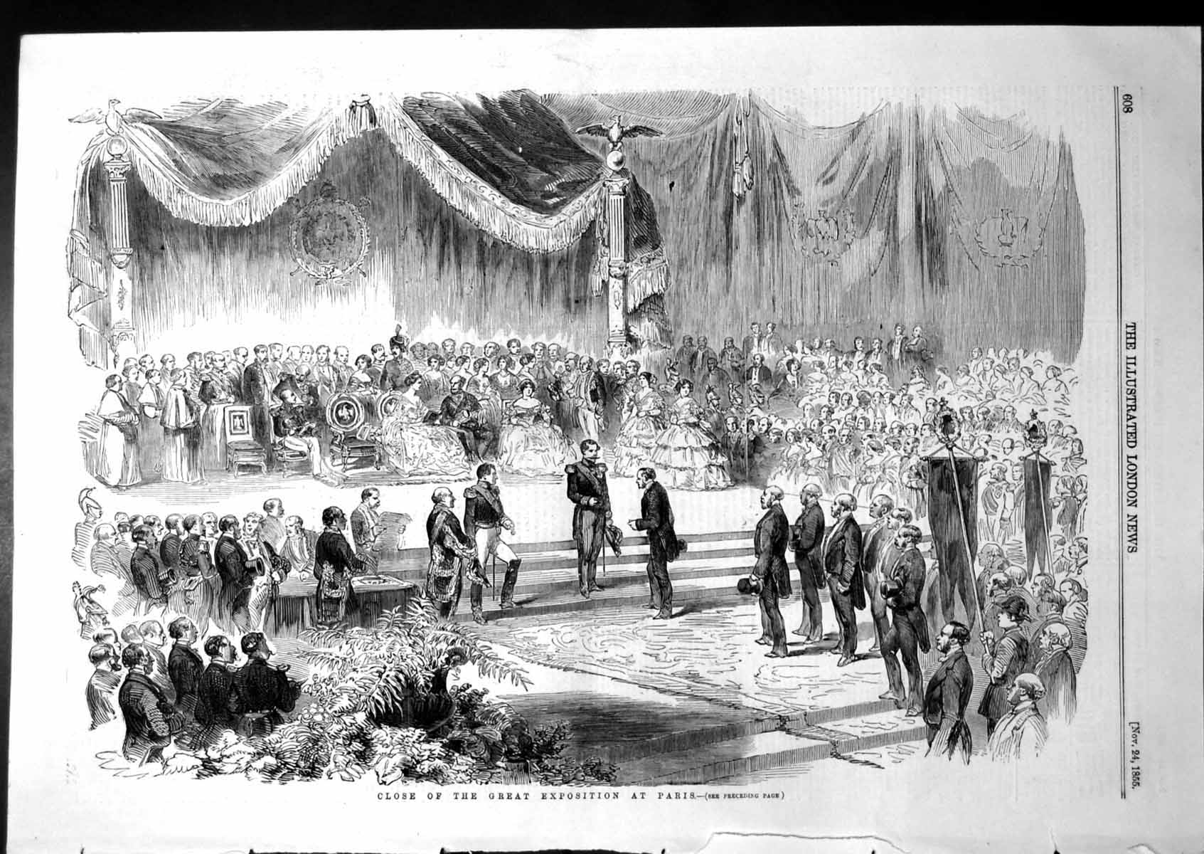 Antique Print Close Great Exposition Paris Ladies Ball Gowns Men Suits 1855