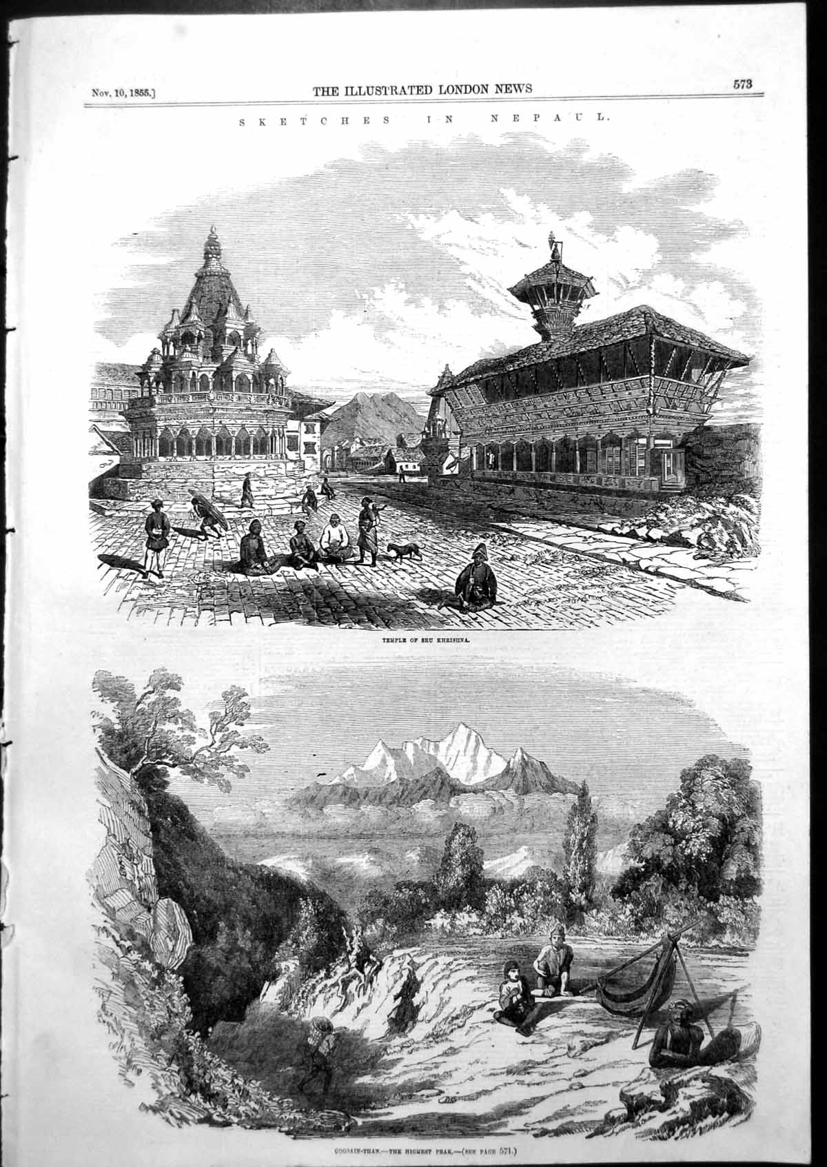 Antique Old Print Nepaul Temple Sru Khrishna Coosain-Than Highest Peak 1855