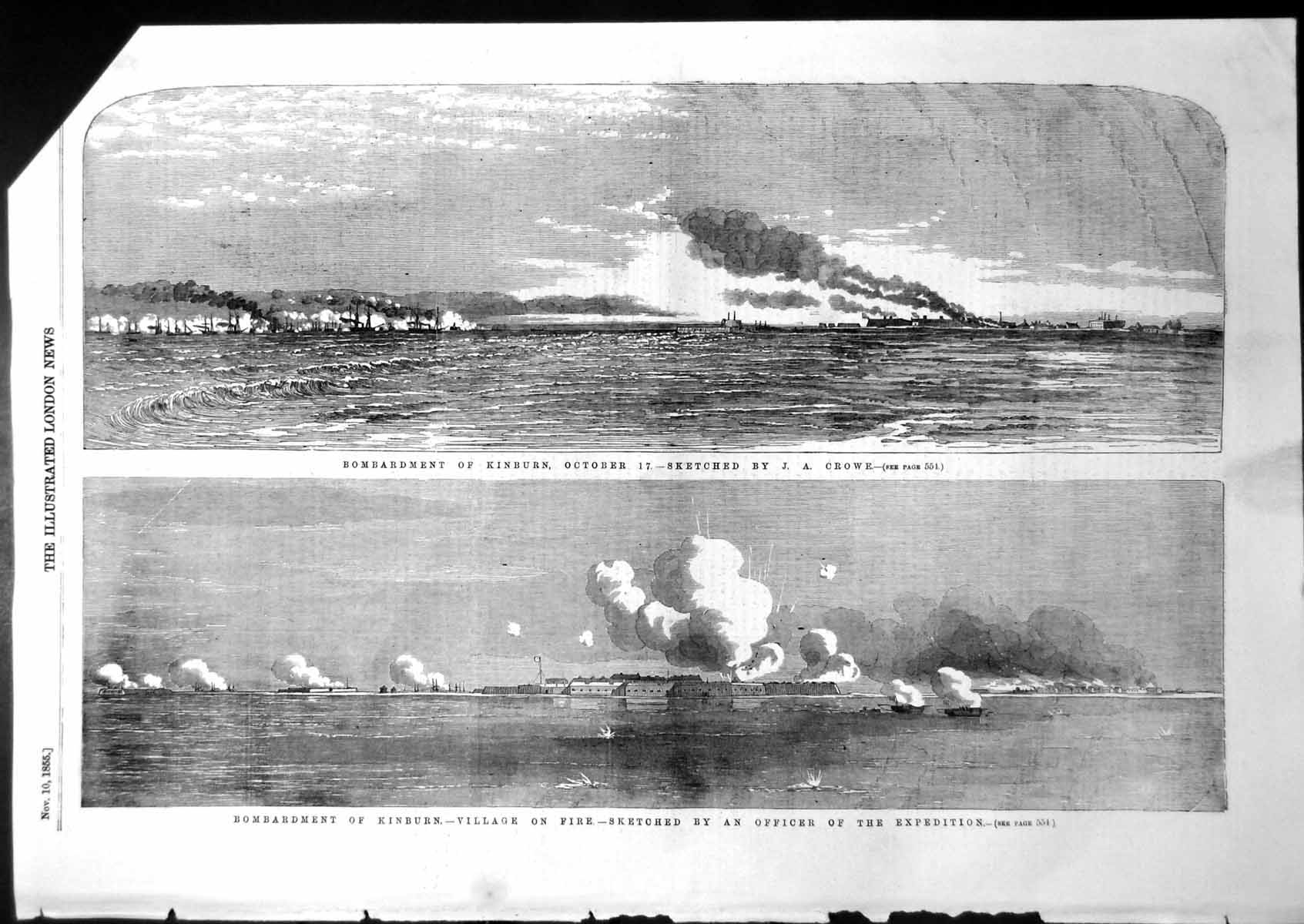 Antique Old Print Bombardment Kinburn Village On Fire Officer Expedition 1855