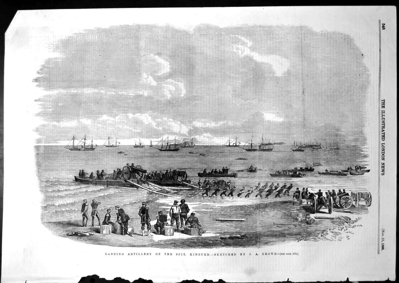 Original Old Antique Print Landing Artillery On Spit Kinburn J A Crowe 1855