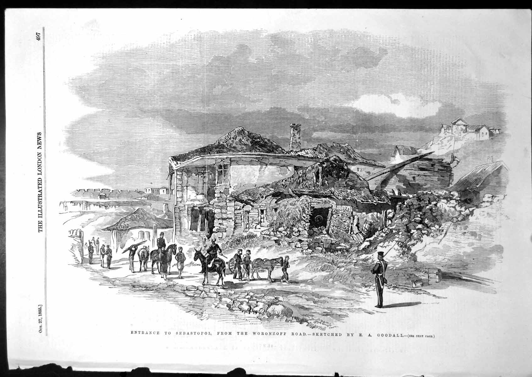 Original Old Antique Print Entrance Sebastopol Woronzoff Road E A Goodall 1855
