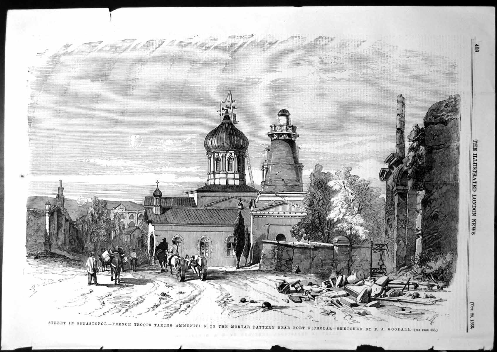 Old Print Street Sebastopol French Troops Taking Ammunition Battery 1855 19th