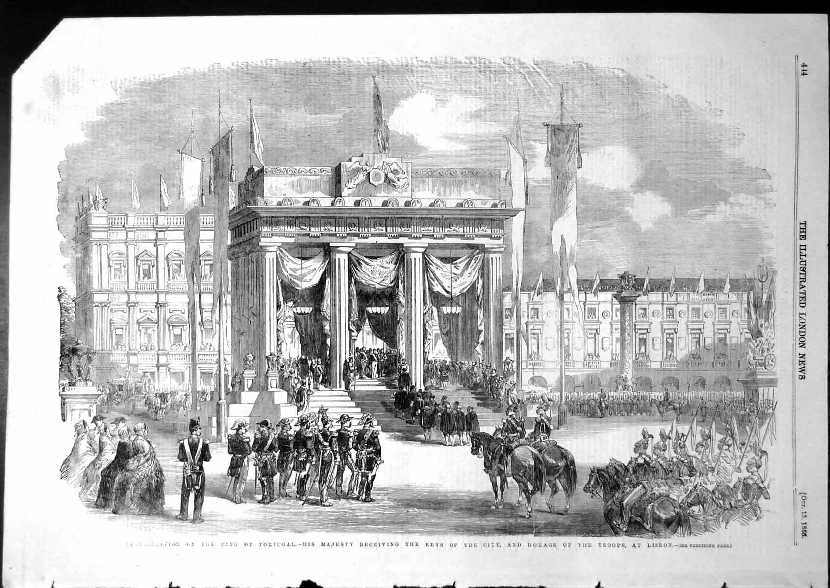Old Print Inauguration King Portugal Lisbon Keys City Homage Troops 1855 19th
