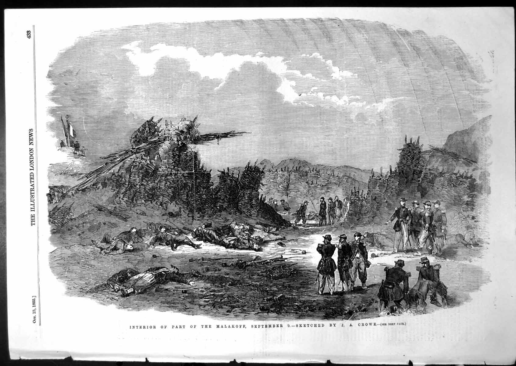 Old Antique Print Interior Part Malakoff Dead Siers Flag Flying Hill 1855 19th