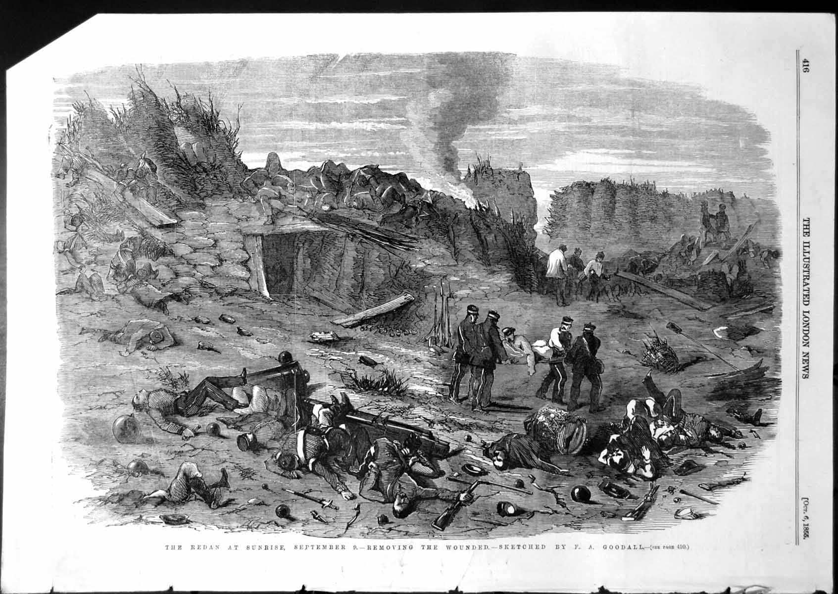 Antique Print Redan Sunrise September 9Th Removing Wounded Ea Goodall 1855