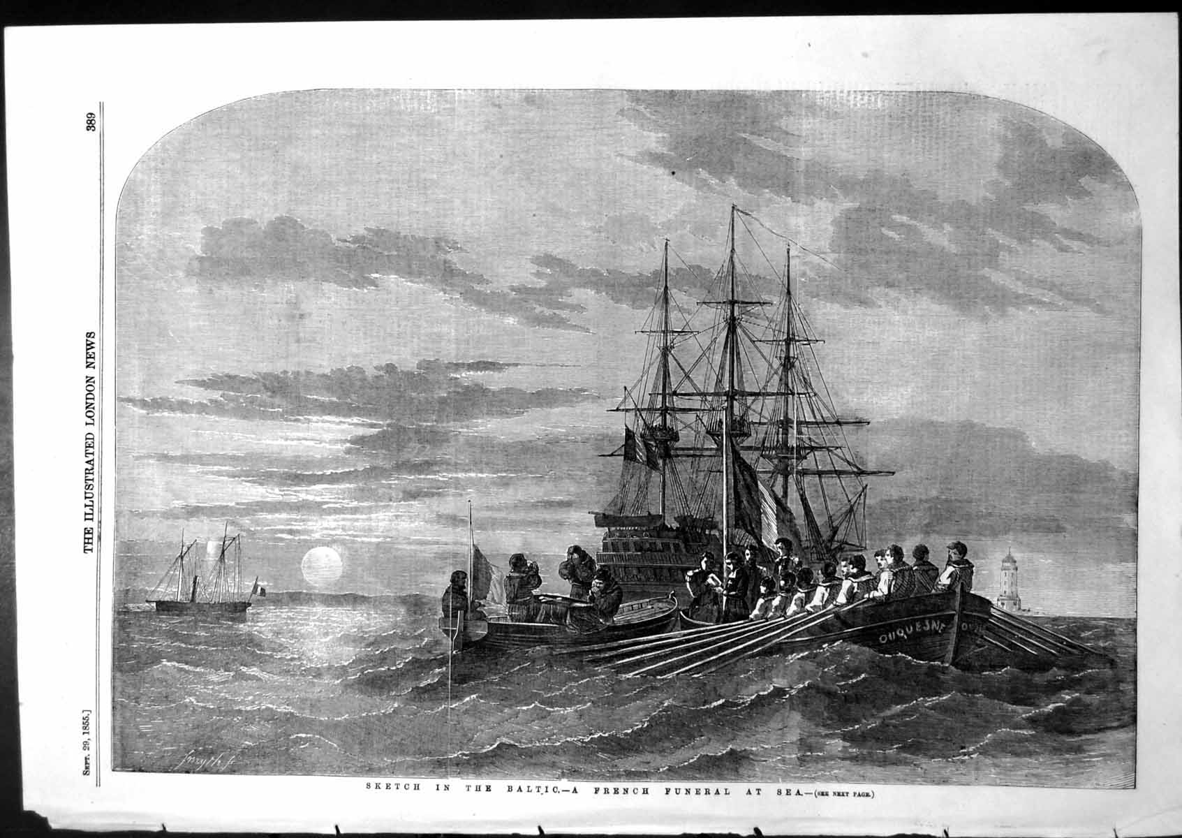 Original Old Antique Print Sketch Baltic Sea French Funeral At Sea 1855 19th