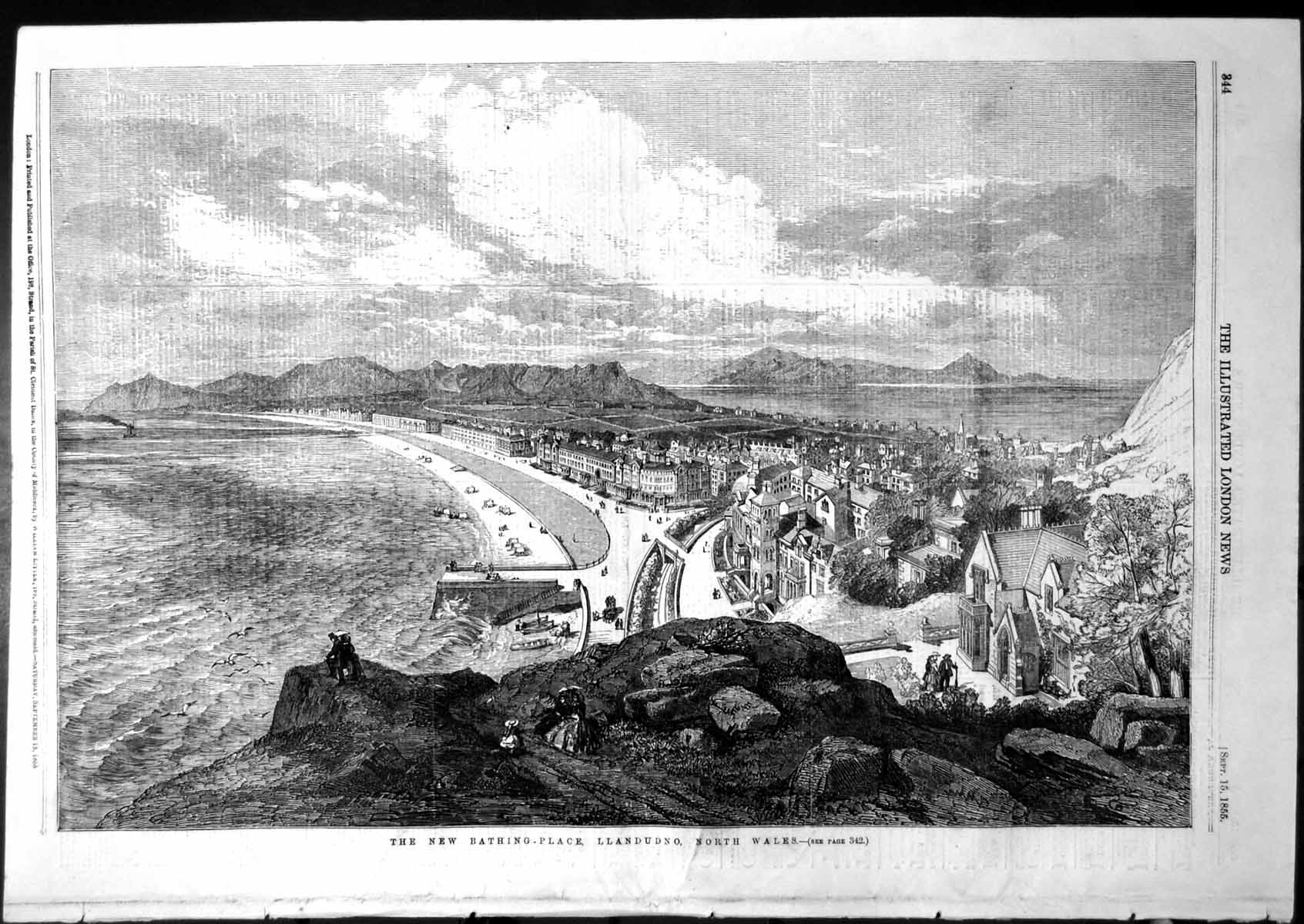 Original Old Antique Print New Bathing Place Llandudno North Wales 1855 19th