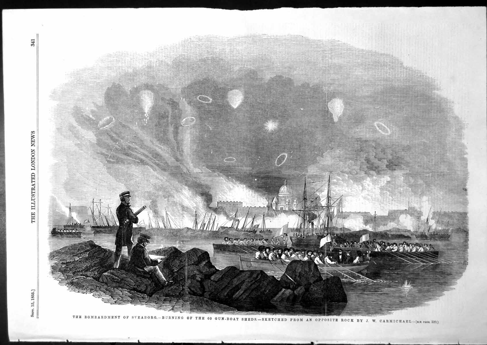 Original Old Antique Print Bombardment Sveaborg Burning 60 Gun Boat Sheds 1855