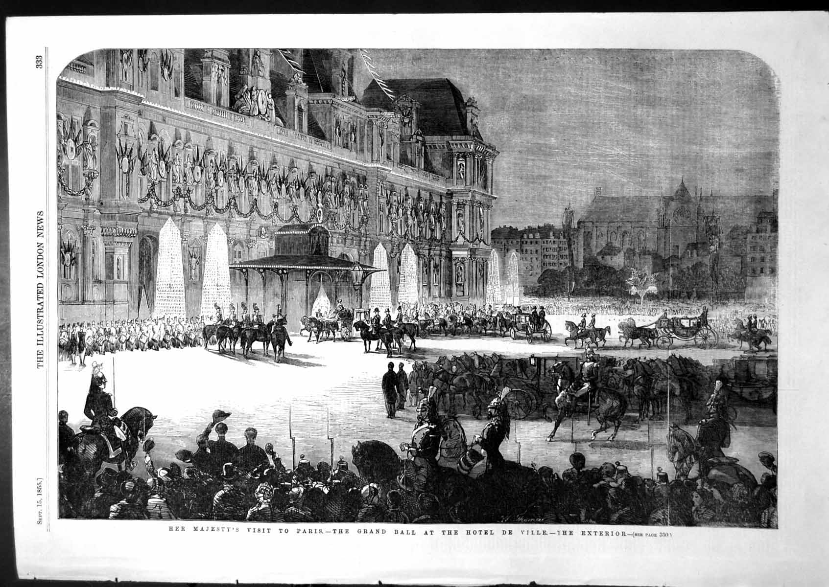 Antique Old Print Queens Visit Paris Grand Ball Hotel De Ville Exterior 1855
