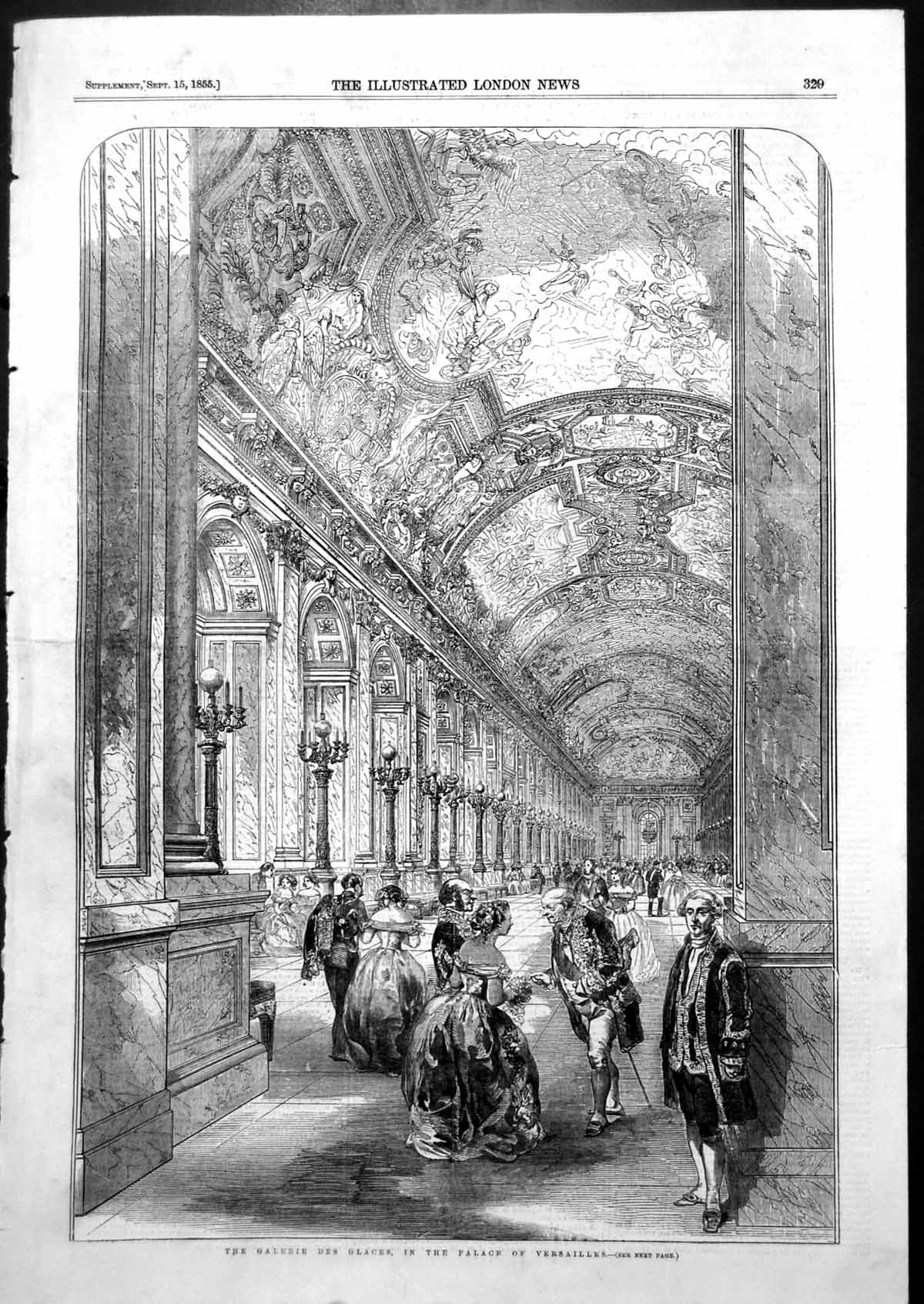 Original Old Antique Print Galerie Des Glaces Palace Versailles Paris 1855 19th