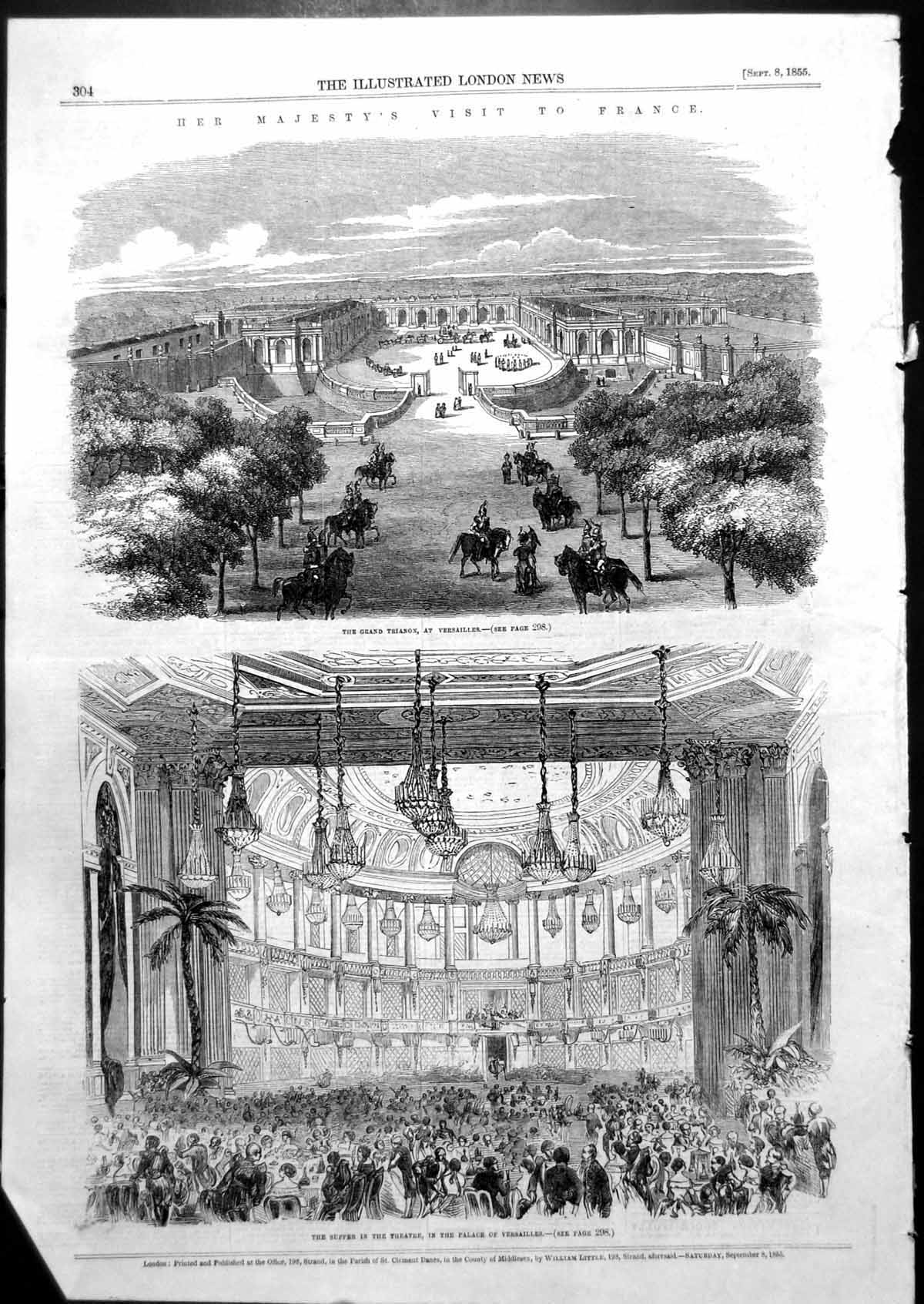 Old Print Queen Visit France Grand Trianon Versailles Supper Theatre 1855 19th