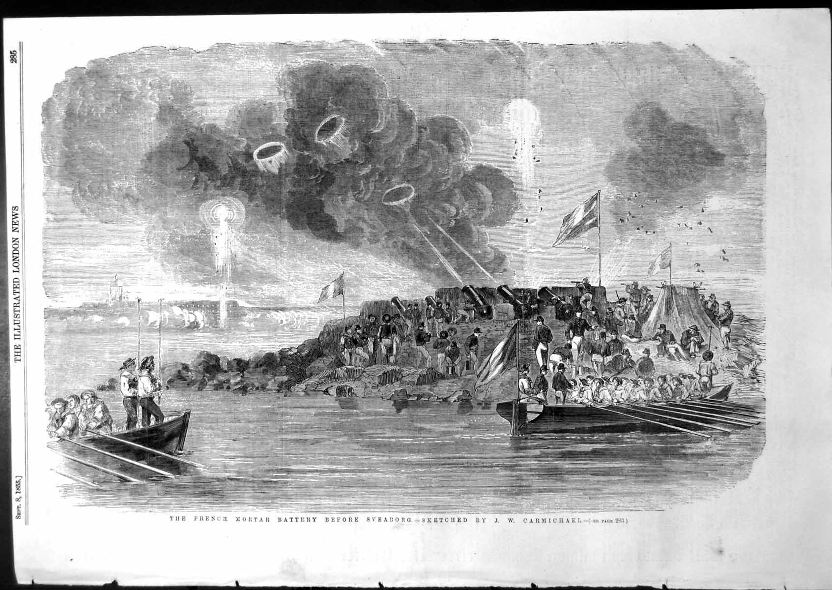 Antique Old Print French Mortar Battery Before Sveaborg Jw Carmichael 1855 19th