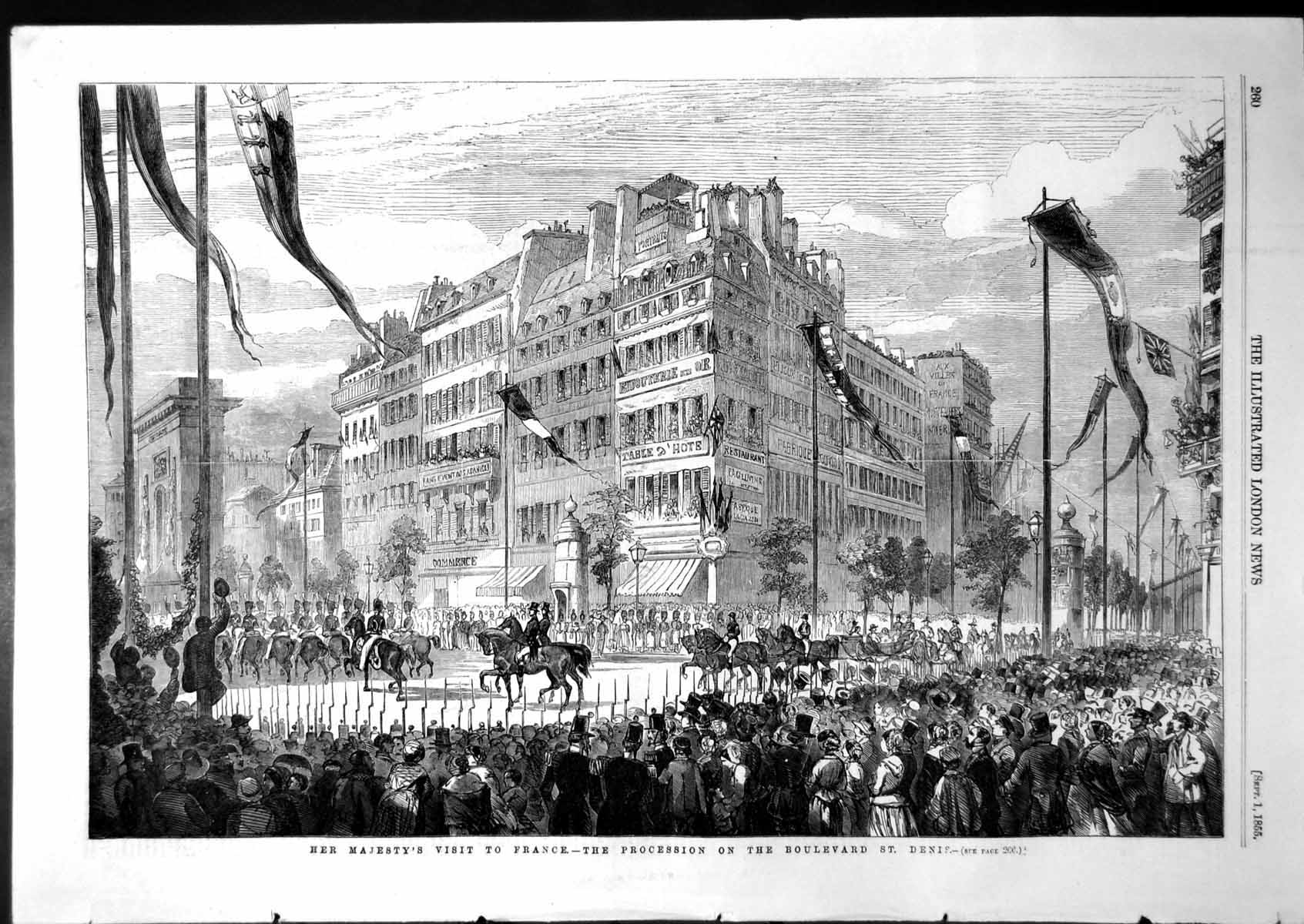 Antique Print Her Majestys Visit France Procession Boulevard St Denis 1855 19th