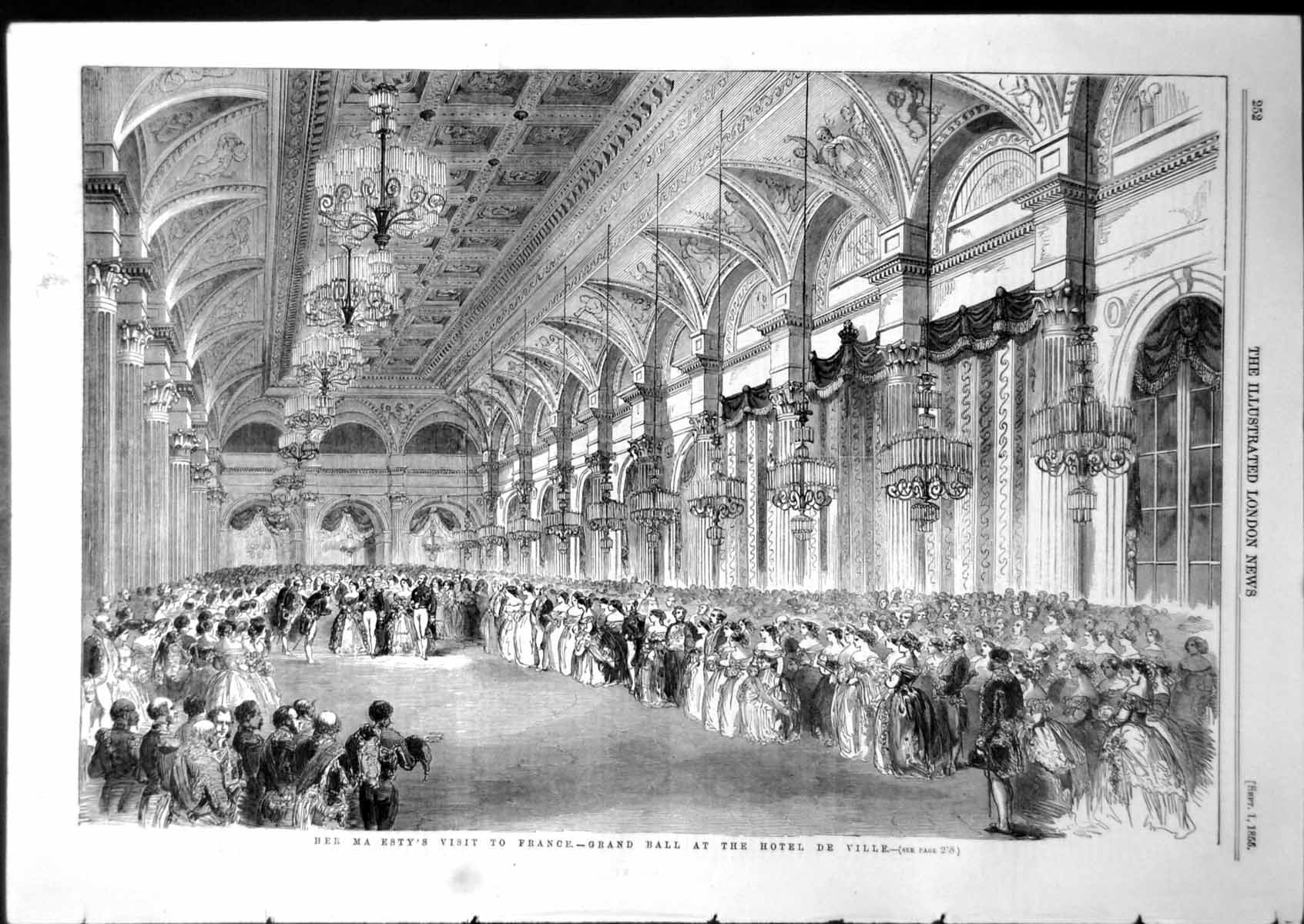 Antique Old Print Her Majestys Visit France Grand Ball Hotel De Ville 1855 19th