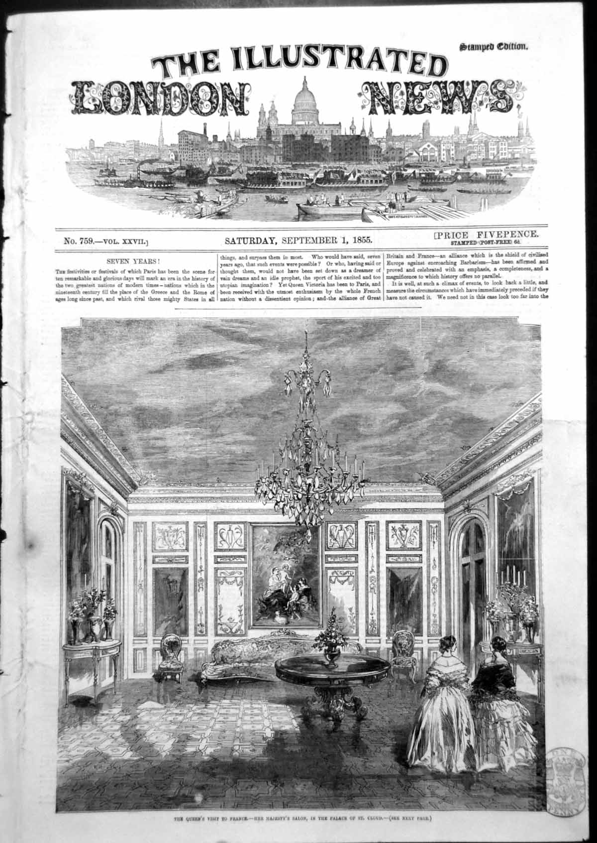 Antique Old Print Queens Visit France Her Majestys Salon Palace St Cloud 1855