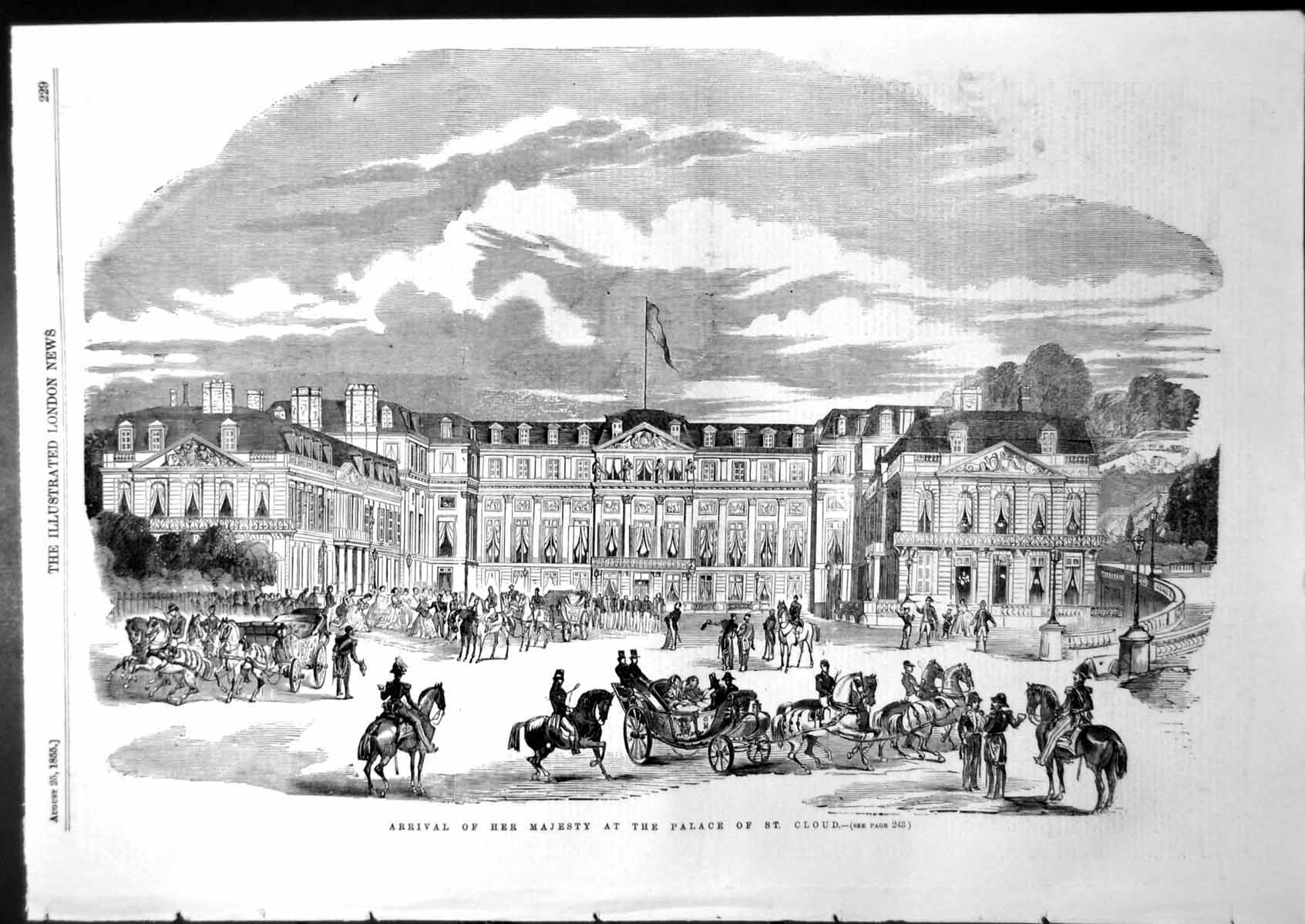 Old Antique Print Arrival Her Majesty Palace St Cloud Paris Carriage 1855 19th