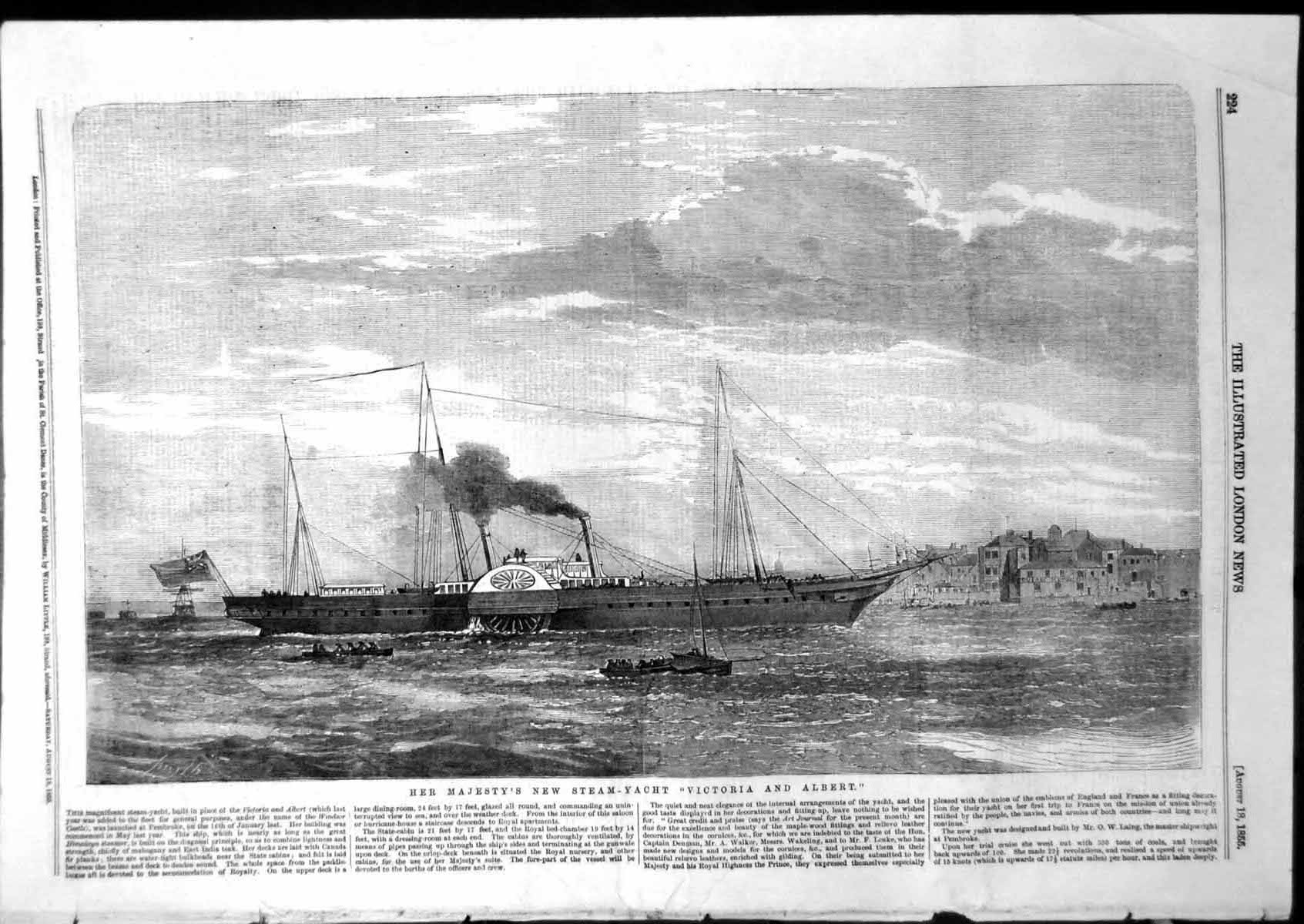 Original Old Antique Print Her Majestys New Steam Yacht Victoria Albert 1855
