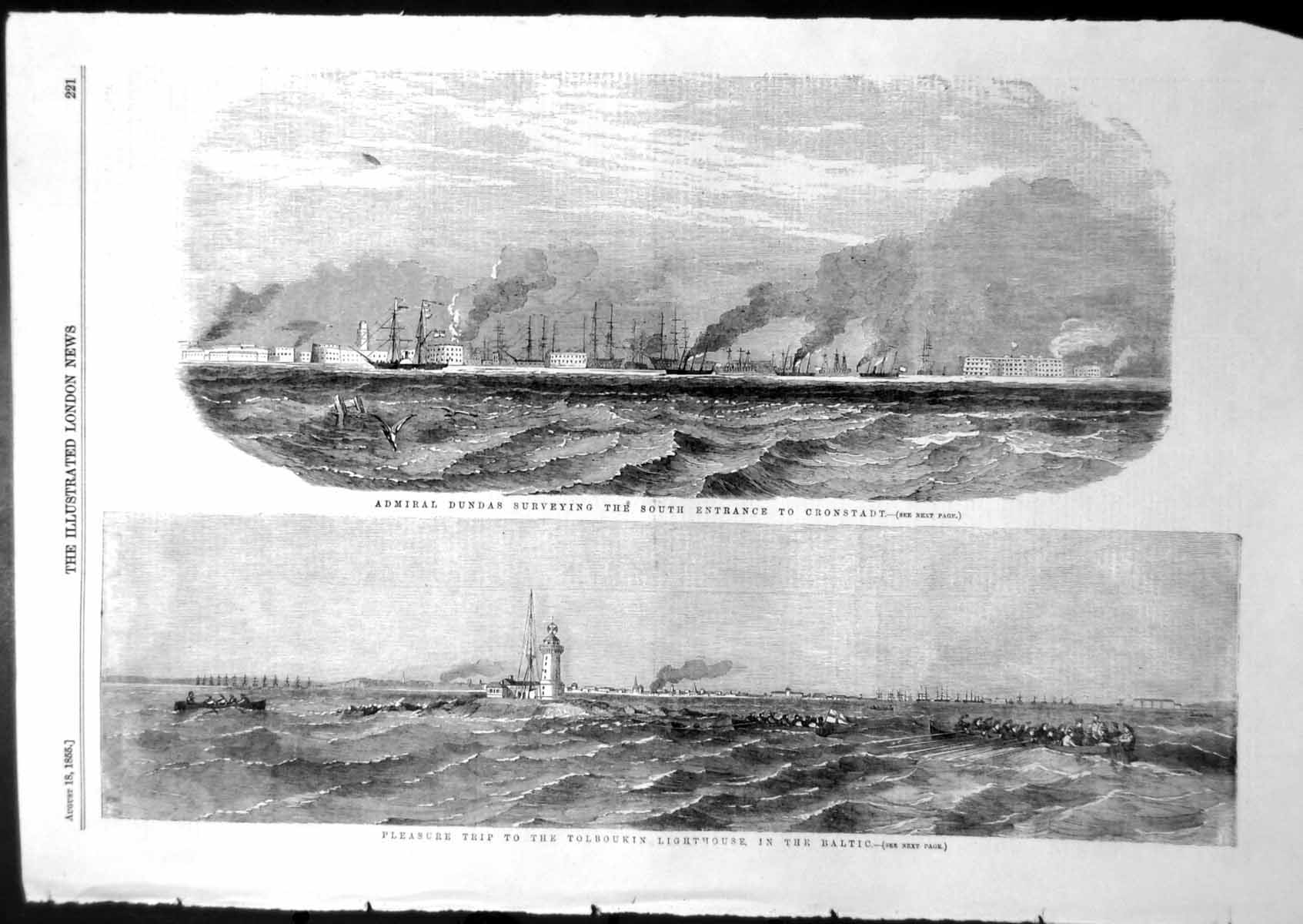 Antique Old Print Admiral Dundas Entrance Cronstadt Tolboukin Lighthouse 1855