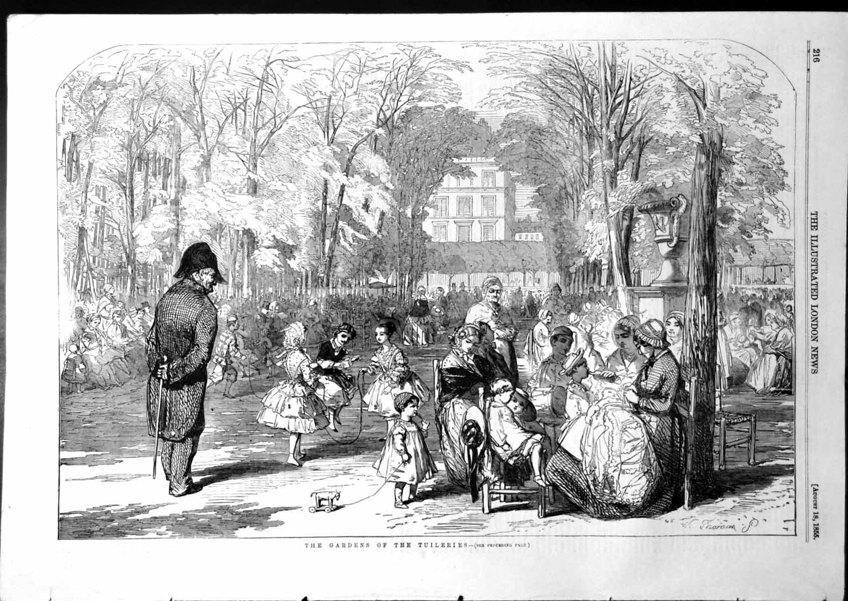 Antique Print Gardens Tuileries Paris Families Relaxing Girls Skipping 1855