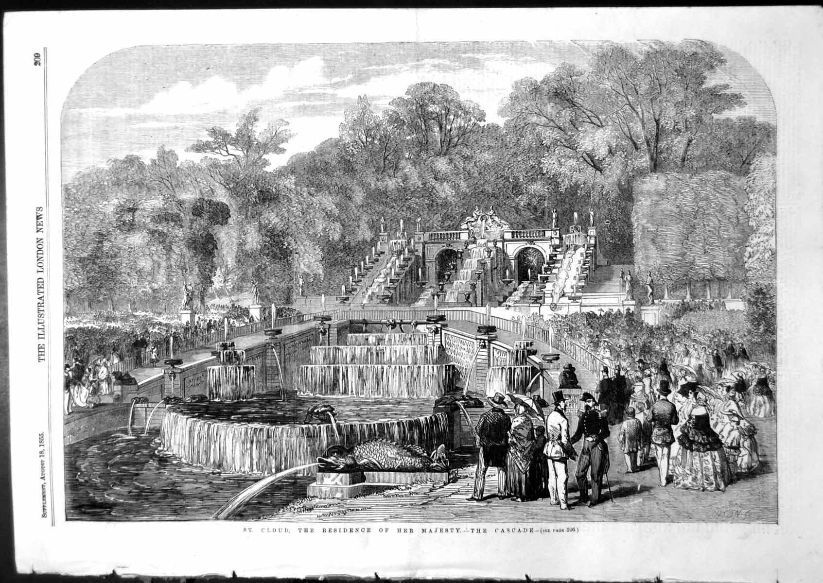 Original Old Antique Print St Cloud Paris Residence Her Majesty Cascade 1855