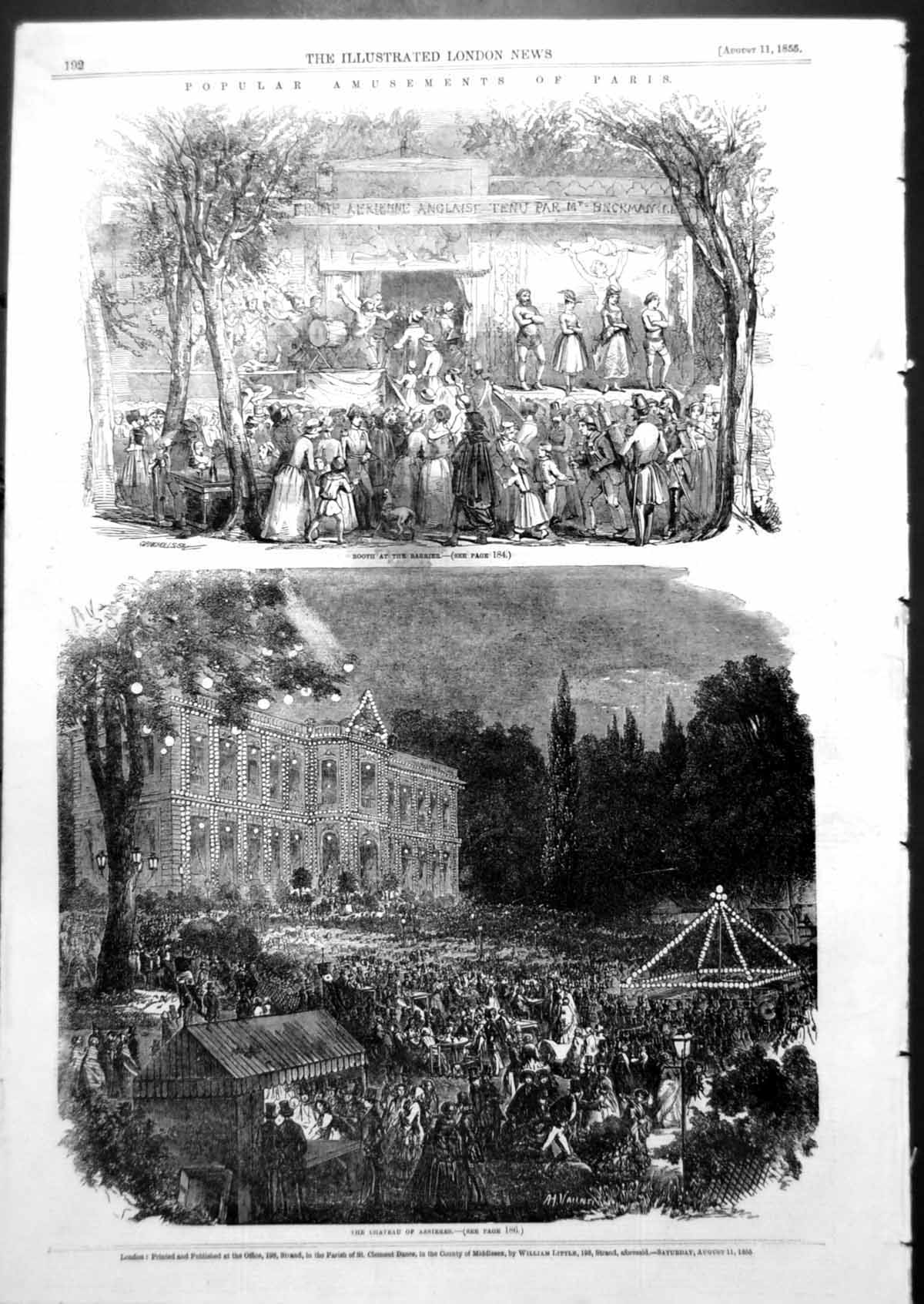 Original Old Antique Print Amusements Paris Booth Barrier Chateau Asnieres 1855