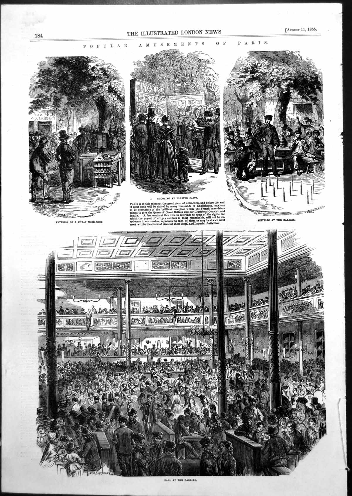 Antique Old Print Amusements Paris Cheap Wine Shop Ball Skittles Barrier 1855
