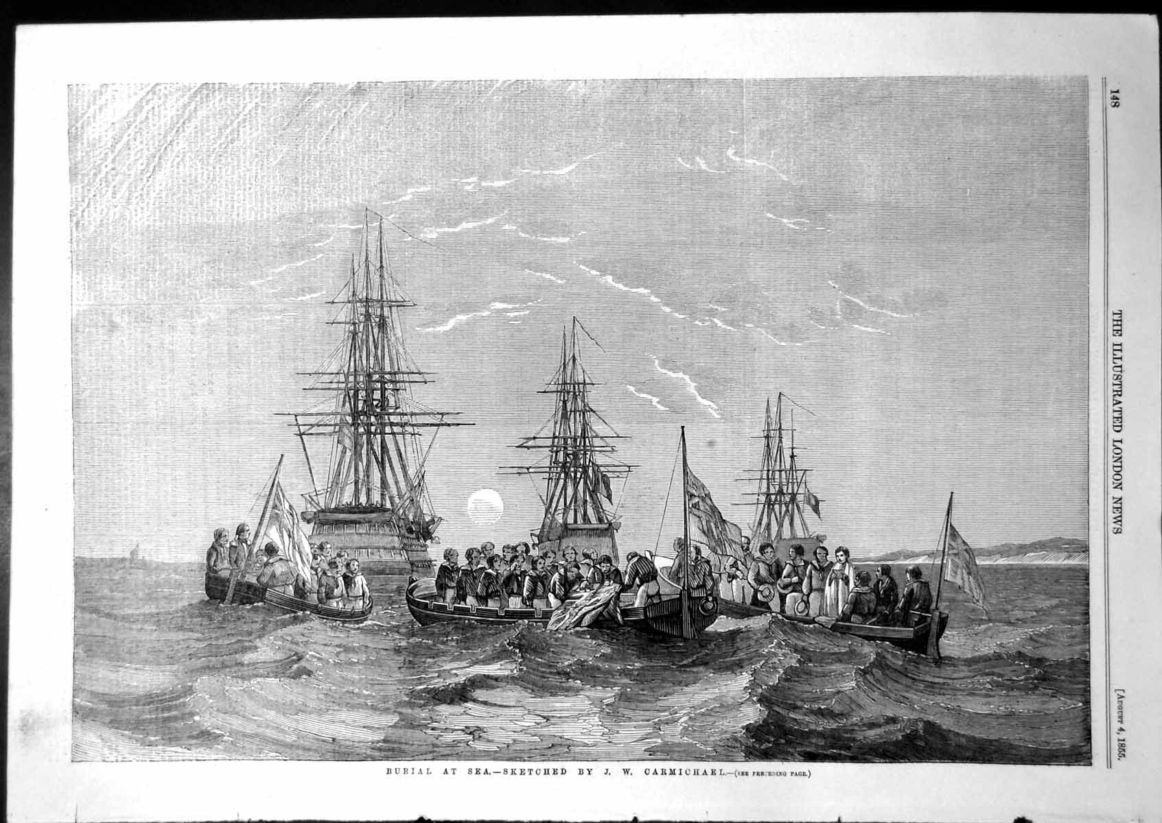 Old Antique Print Burial Sea Jw Carmichael Large ShipsSmall Boats 1855