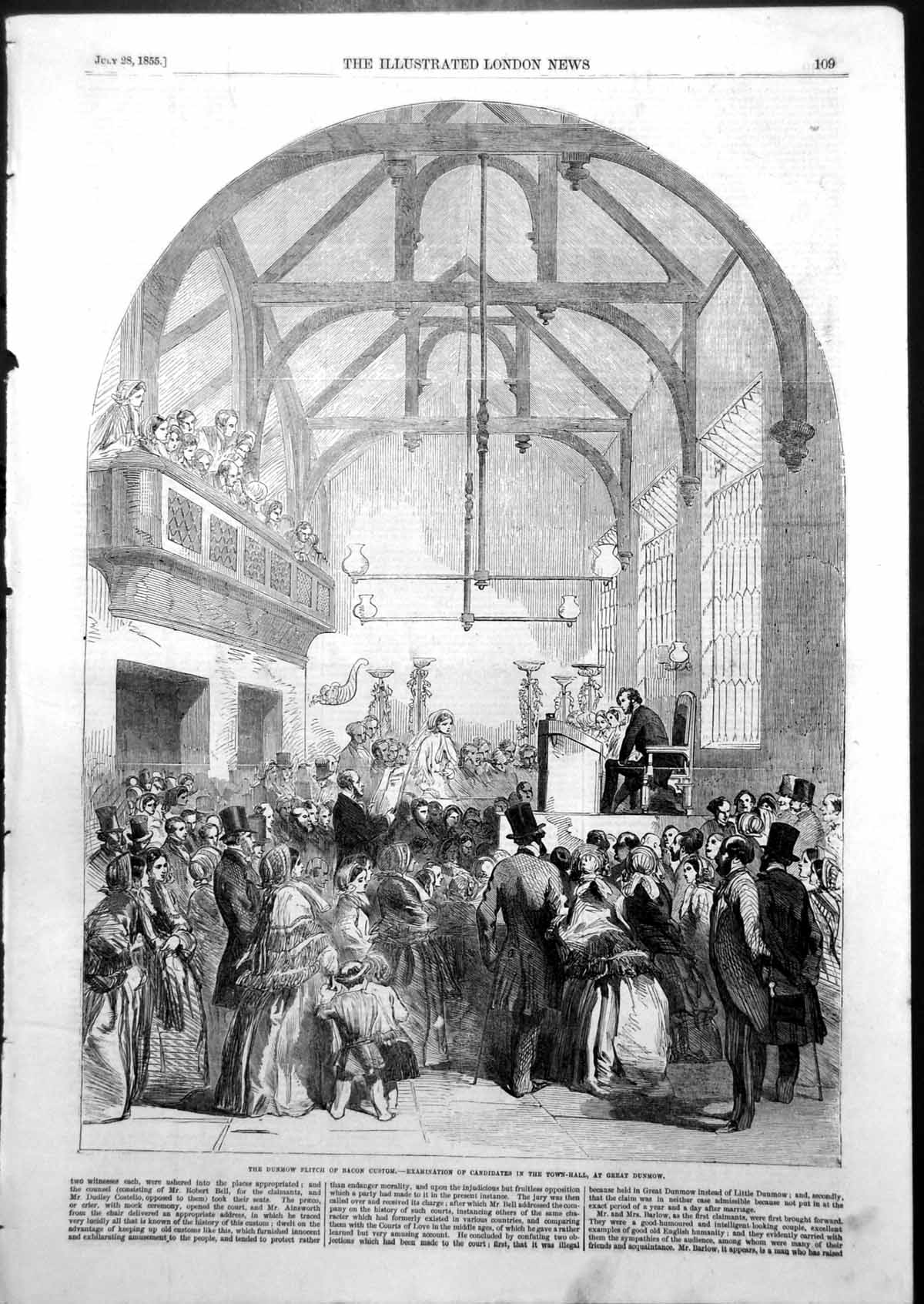 Original Old Antique Print Dunmow Flitch Bacon Custom Candidates Town Hall 1855